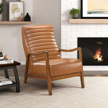1Pc Accent Chair Brown Faux Leather Walnut Finish Solid Rubberwood Modern Living Room Furniture Brown Primary Living Space Modern Rubberwood Solid Wood