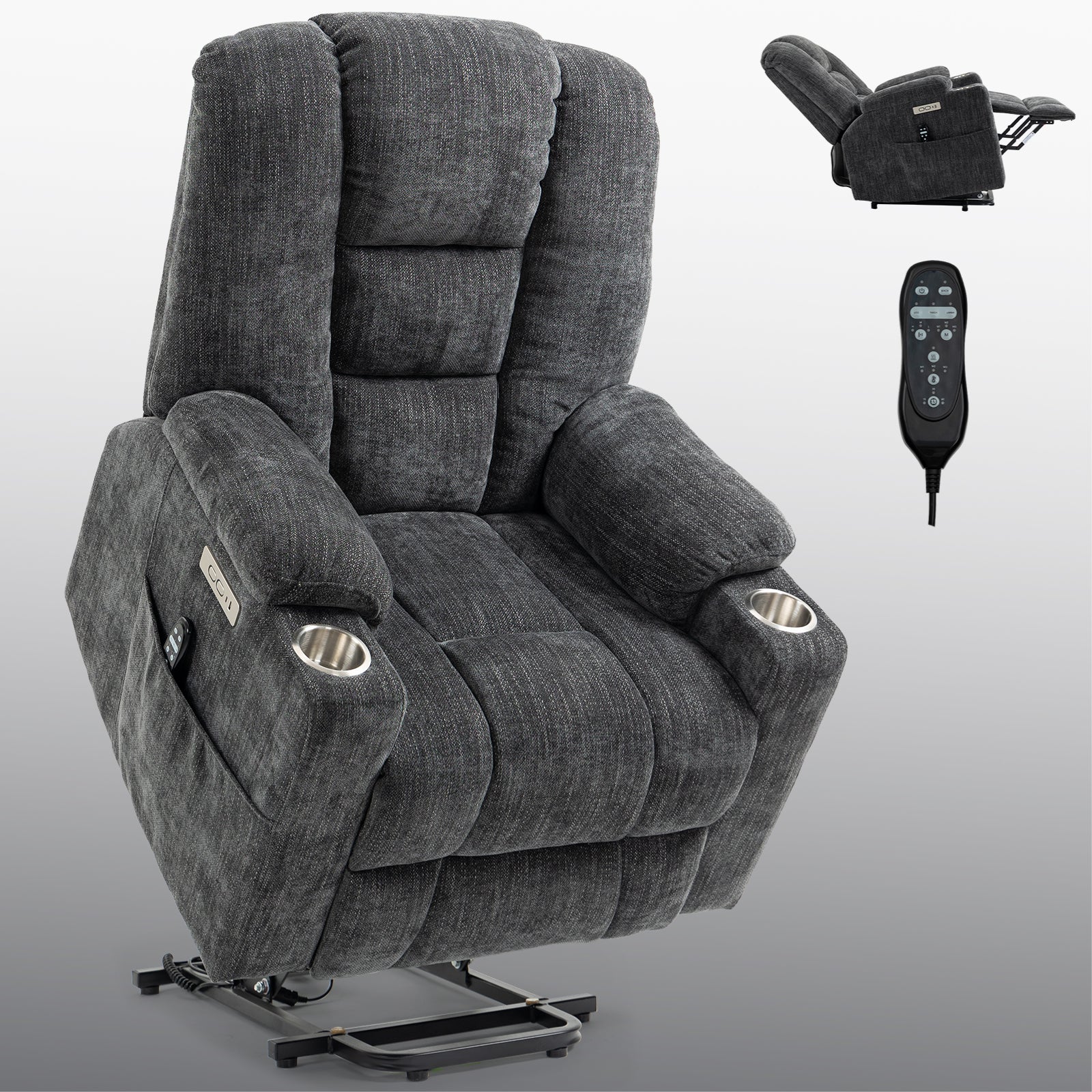 Emon'S Large Power Lift Recliner Chair With Massage And Heat For Elderly, Overstuffed Wide Recliners, Heavy Duty Motion Mechanism With Usb And Type C Ports, 2 Steel Cup Holders, Gray White Metal