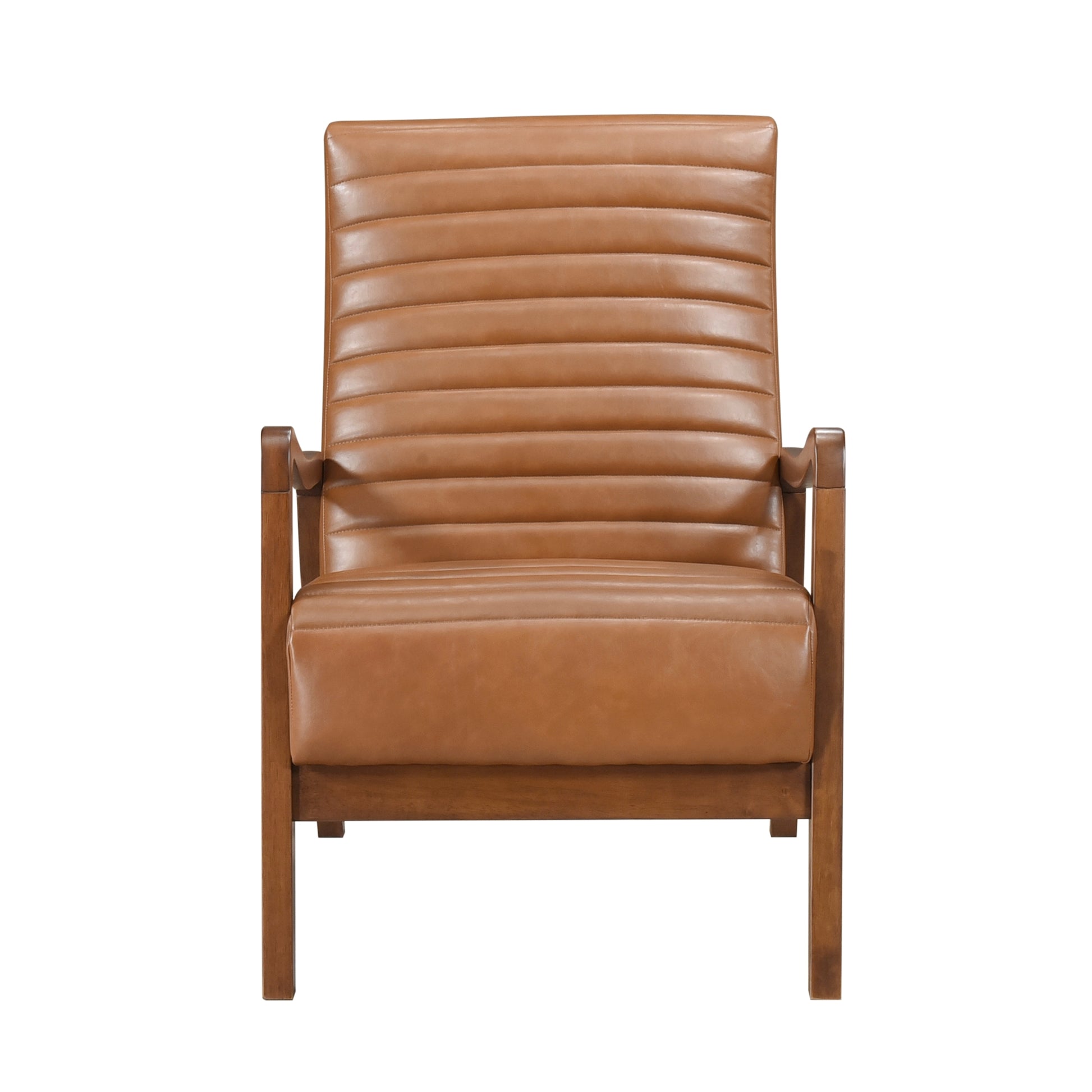 1Pc Accent Chair Brown Faux Leather Walnut Finish Solid Rubberwood Modern Living Room Furniture Brown Primary Living Space Modern Rubberwood Solid Wood
