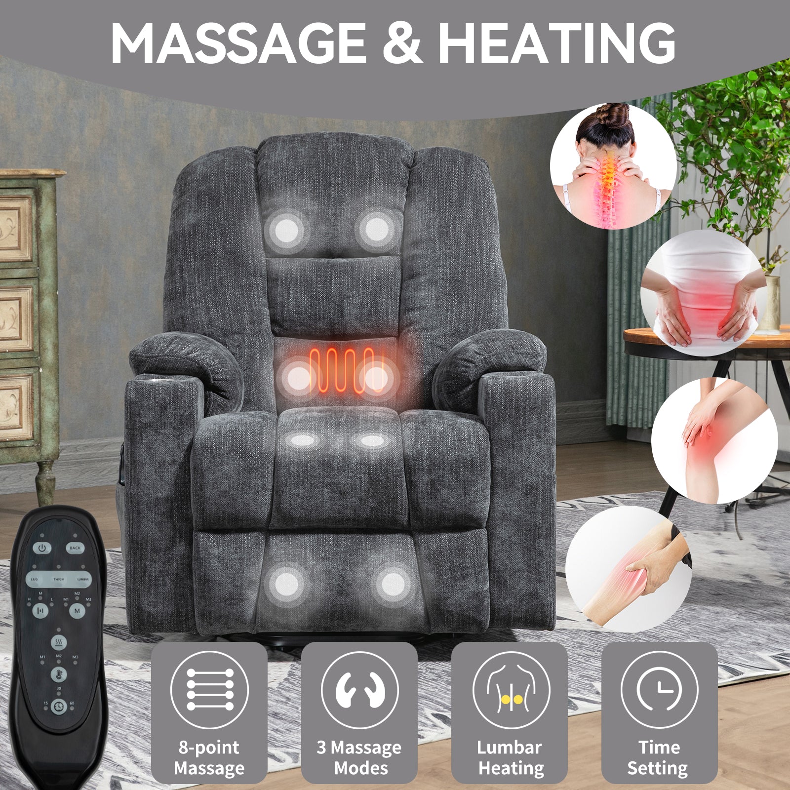 Emon'S Large Power Lift Recliner Chair With Massage And Heat For Elderly, Overstuffed Wide Recliners, Heavy Duty Motion Mechanism With Usb And Type C Ports, 2 Steel Cup Holders, Gray White Metal