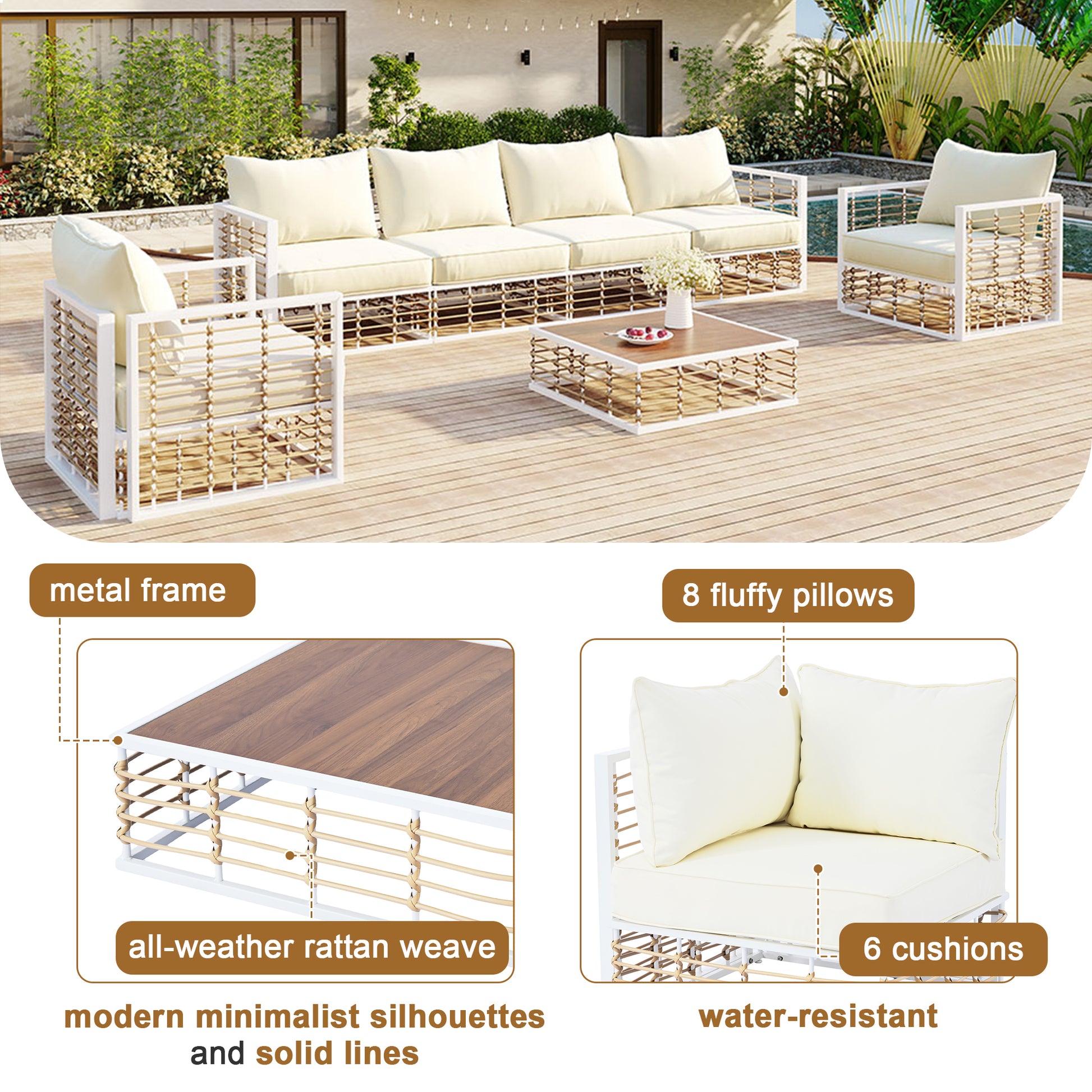 Modern Minimalist 7 Piece Metal Patio Sectional Sofa Set, All Weather Garden Conversational Furniture Set With Thick Cushions And Coffee Table For Indoor Outdoor, White Yes Deep Seating White Weather Resistant Frame Water Resistant Cushion Garden &