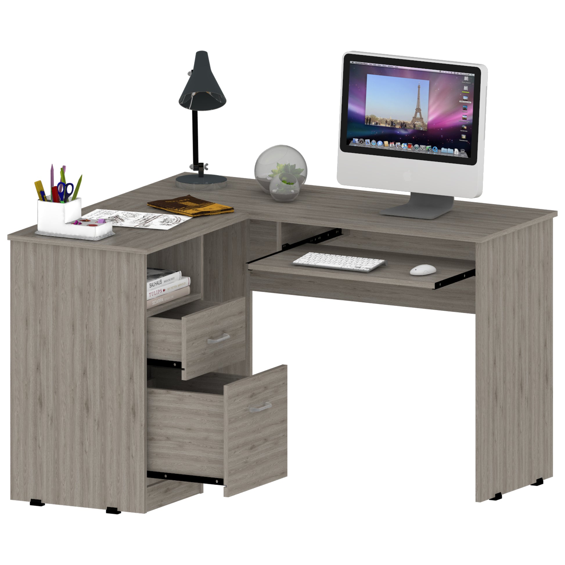 Raleigh L Shaped Desk, Two Drawers, One Shelf, Cpu Storage Light Gray Gray Computer Desk Office American Design Freestanding Pine Drawers Rectangular Pine Engineered Wood