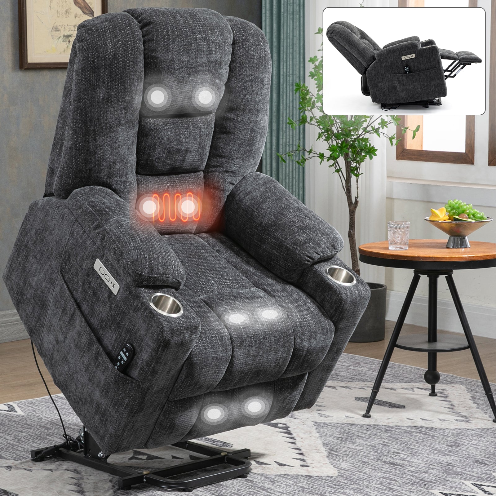 Emon'S Large Power Lift Recliner Chair With Massage And Heat For Elderly, Overstuffed Wide Recliners, Heavy Duty Motion Mechanism With Usb And Type C Ports, 2 Steel Cup Holders, Gray White Metal