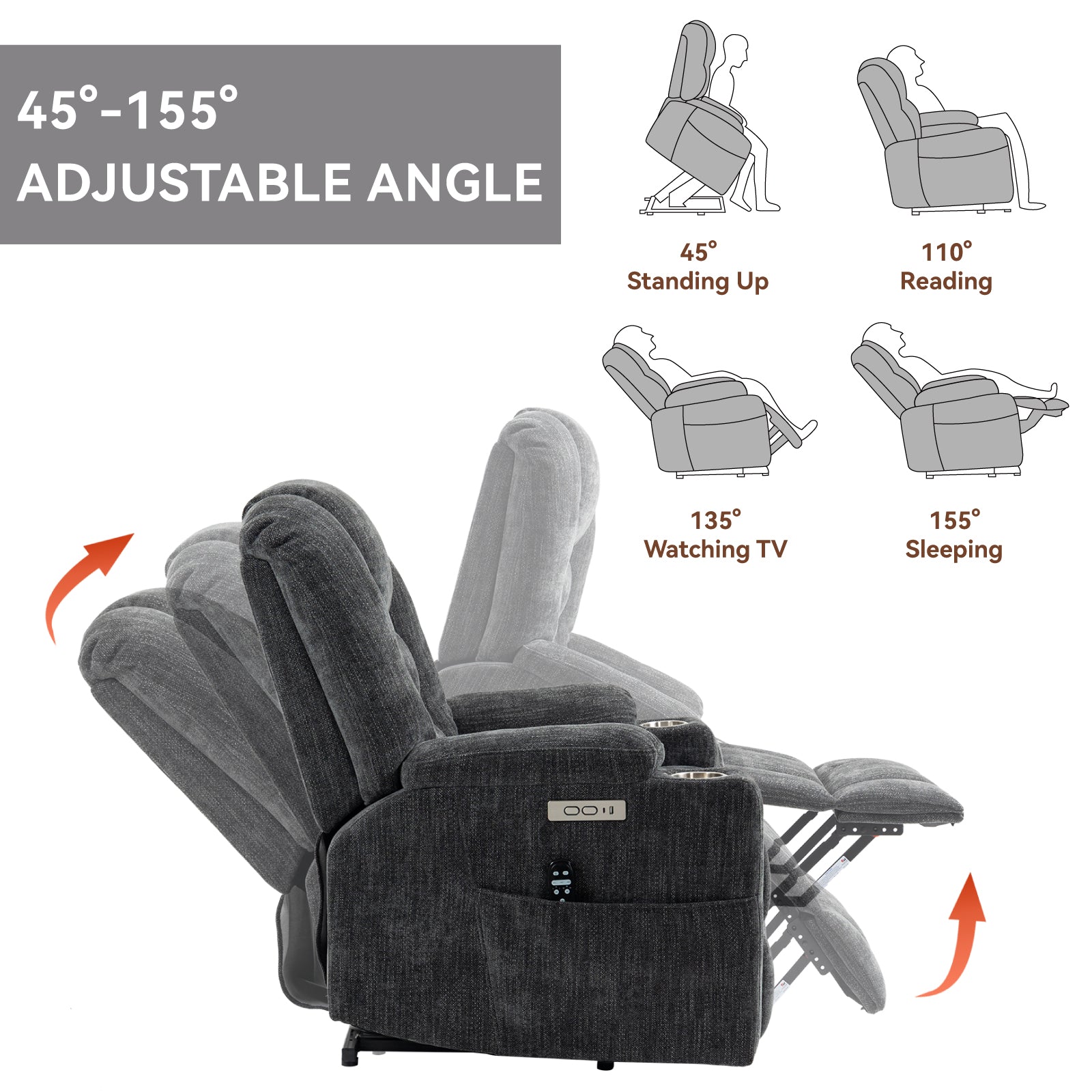 Emon'S Large Power Lift Recliner Chair With Massage And Heat For Elderly, Overstuffed Wide Recliners, Heavy Duty Motion Mechanism With Usb And Type C Ports, 2 Steel Cup Holders, Gray White Metal