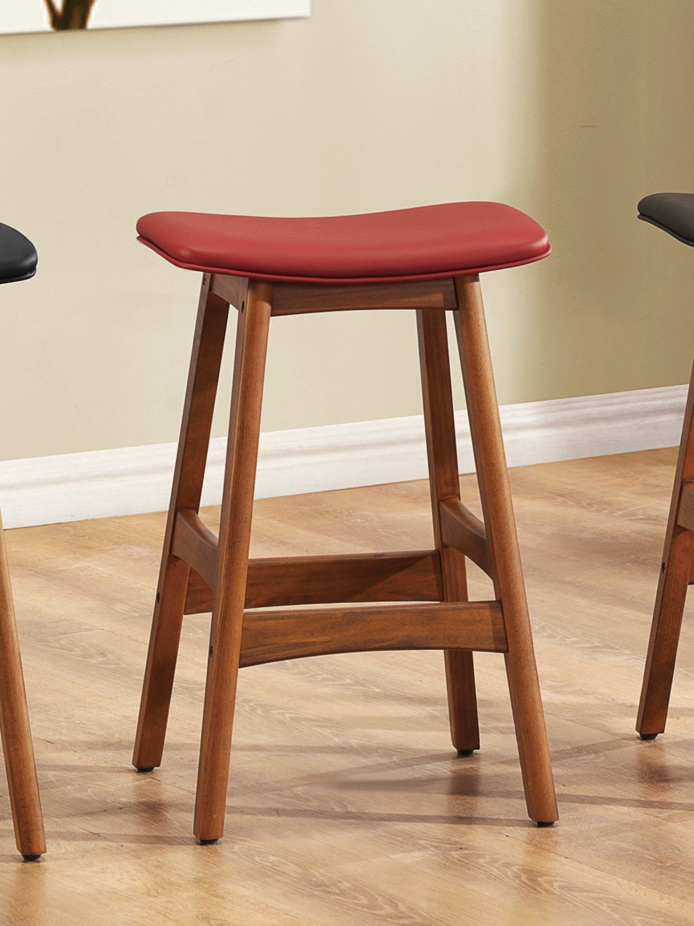 Solid Wood Walnut Finish Counter Height Stools Set Of 2 Red Faux Leather Seat Mid Century Modern Barstools Kitchen Dining Furniture Red Kitchen Mid Century Modern Solid Wood