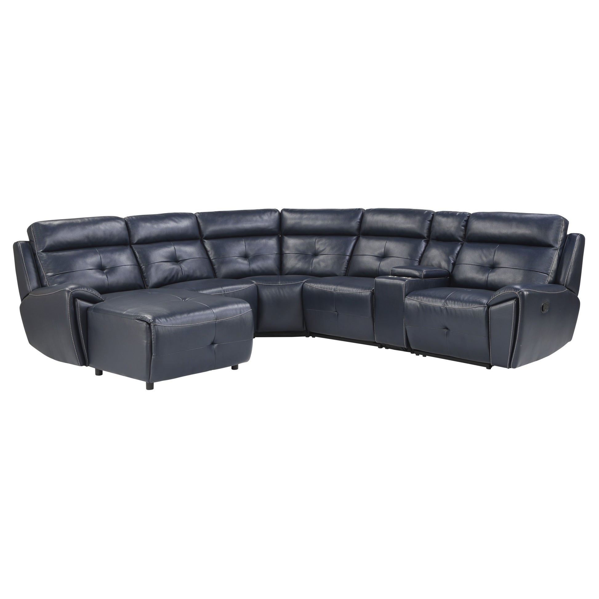 6 Piece Modular Reclining Sectional With Left Chaise Navy Blue Premium Faux Leather Tufted Details Solid Wood Modern Living Room Furniture Plush Pillow Back Seating Navy Faux Leather Wood Primary Living Space Pillow Back Modern Solid Wood