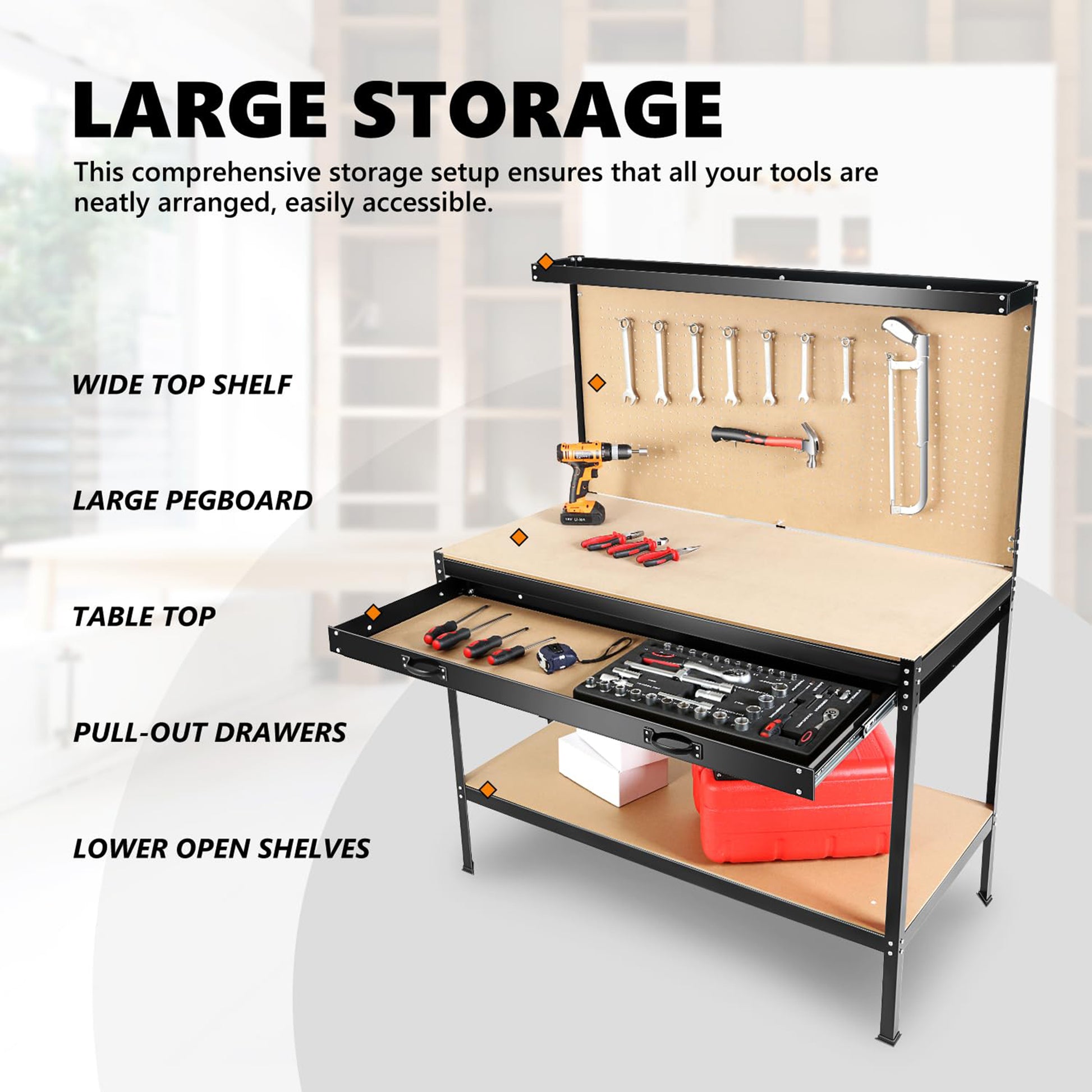 63" Tools Cabinet Working Tables Workbench Tool Storage Workshop Table With Drawers And Pegboard Black Steel