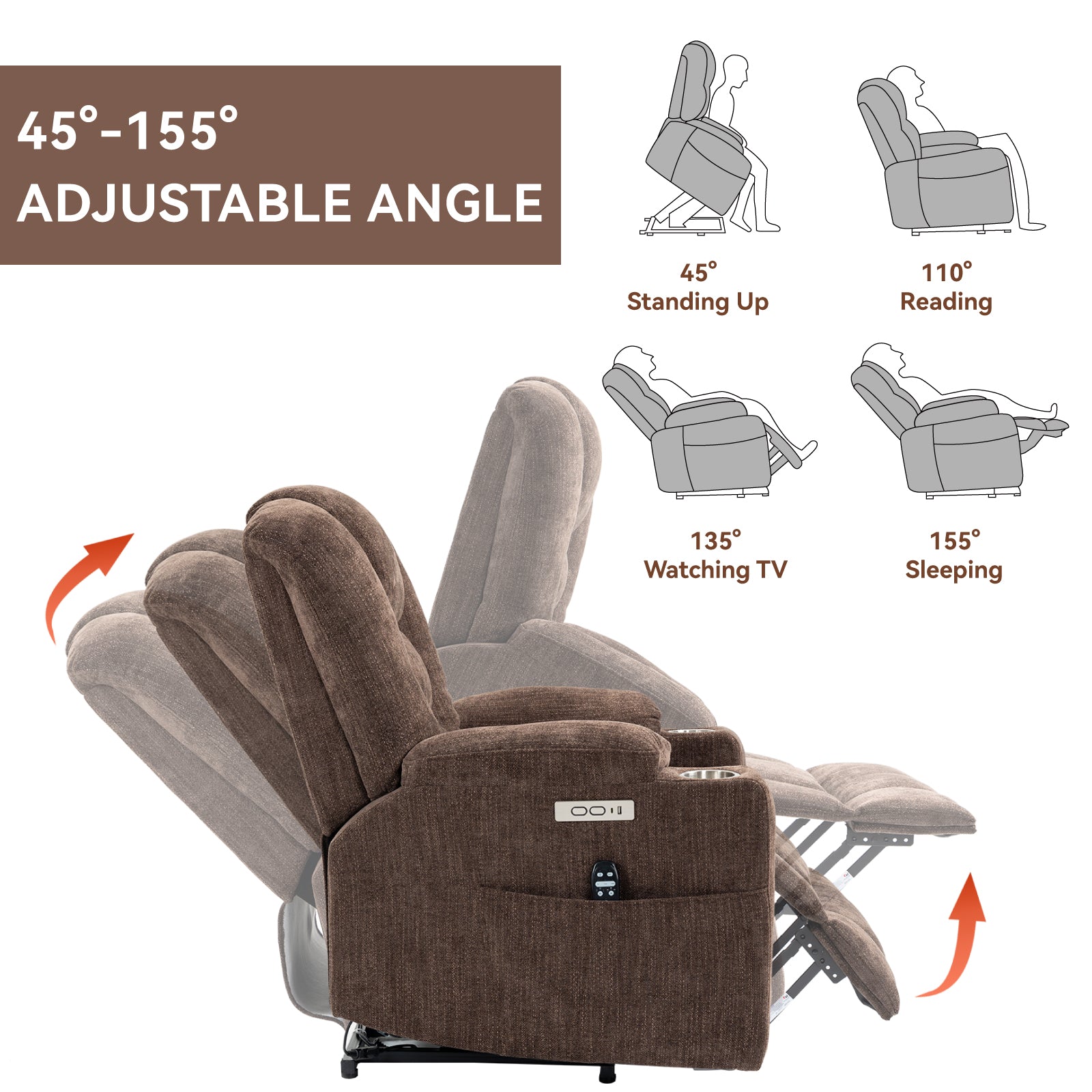 Emon'S Large Power Lift Recliner Chair With Massage And Heat For Elderly, Overstuffed Wide Recliners, Heavy Duty Motion Mechanism With Usb And Type C Ports, 2 Steel Cup Holders, Brown White Metal
