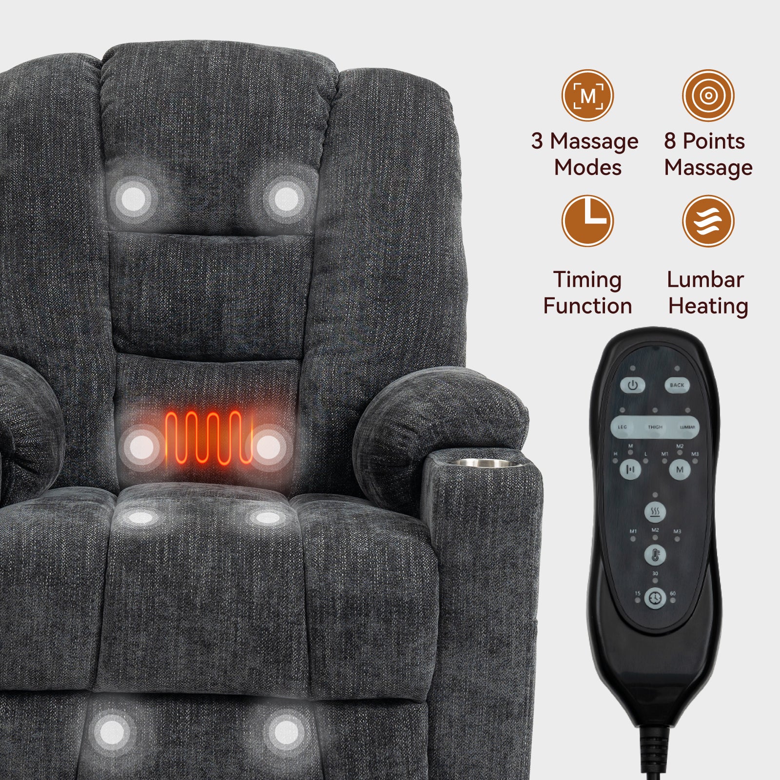 Emon'S Large Power Lift Recliner Chair With Massage And Heat For Elderly, Overstuffed Wide Recliners, Heavy Duty Motion Mechanism With Usb And Type C Ports, 2 Steel Cup Holders, Gray White Metal