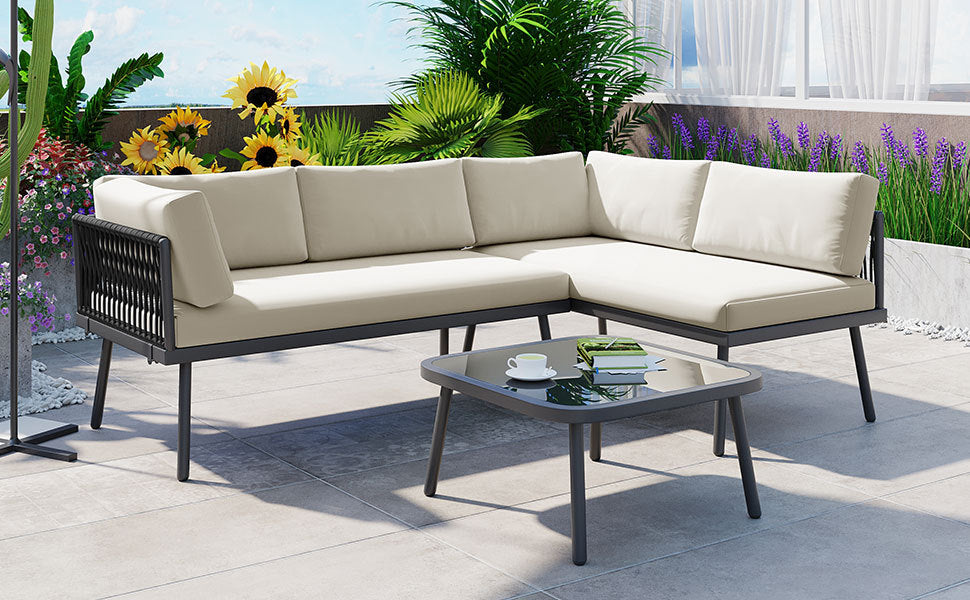 Modern Outdoor 3 Piece Pe Rattan Sofa Set All Weather Patio Metal Sectional Furniture Set With Cushions And Glass Table For Backyard, Poolside, Garden,Black,L Shaped Yes Sectional Black Seats 4 Weather Resistant Frame Water Resistant Cushion Garden &