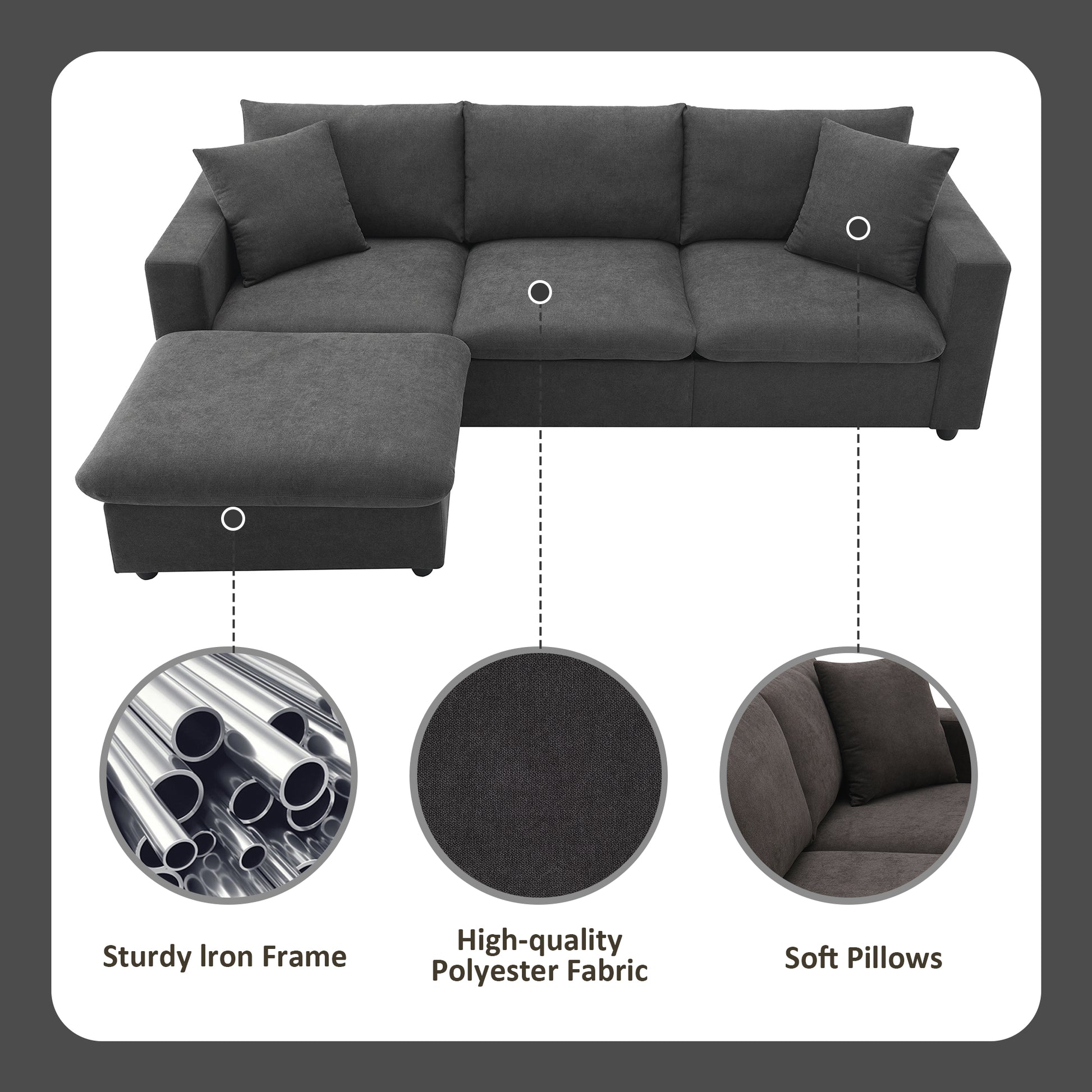 100.4*64.6" Modern Sectional Sofa,L Shaped Couch Set With 2 Free Pillows,4 Seat Polyester Fabric Couch Set With Convertible Ottoman For Living Room, Apartment, Office,4 Colors Dawn Grey Polyester 3