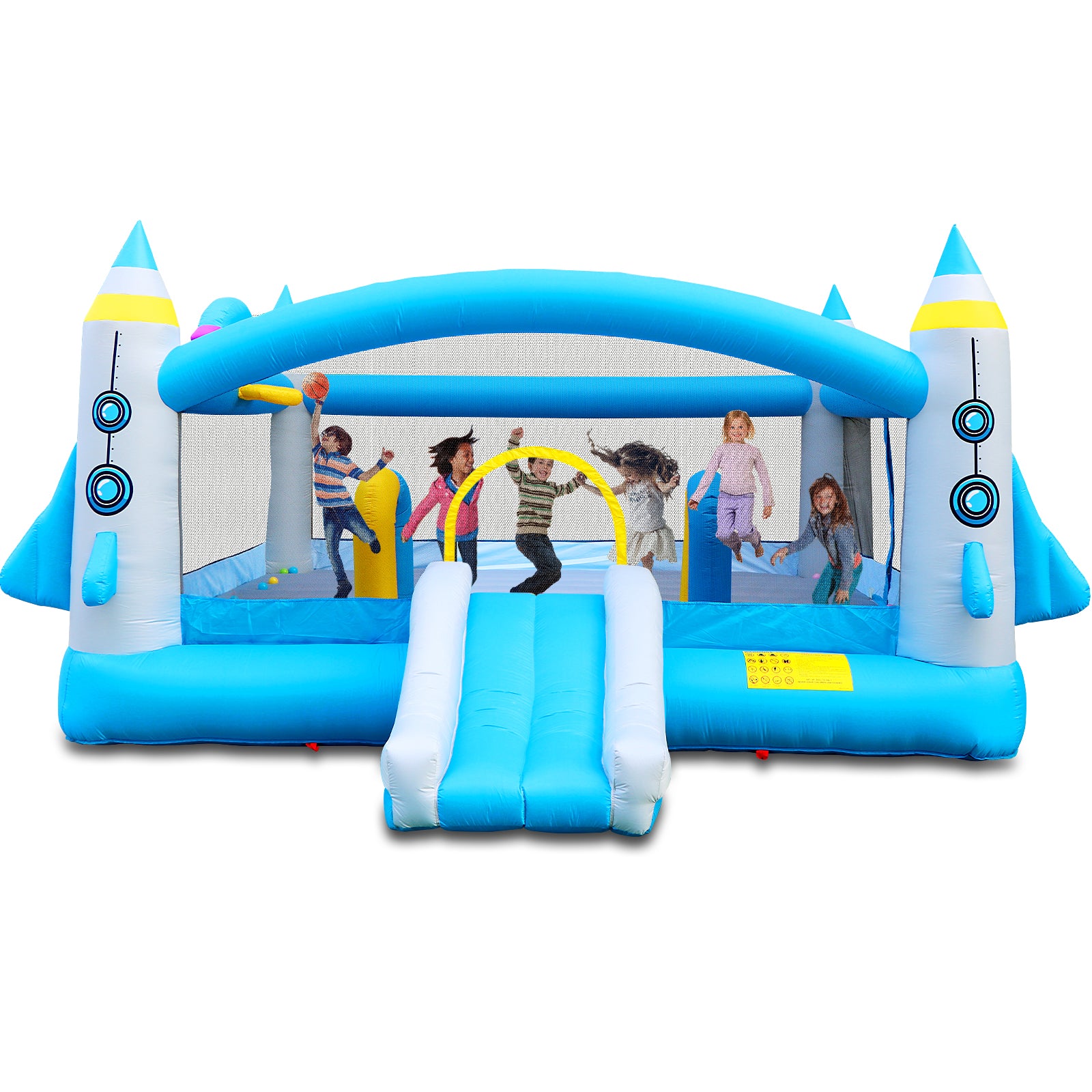 Multifunctional Jump 'N Slide Inflatable Bouncer For Kids Complete Setup With Blower 198" X 180" Play Area 96" Tall Multicolor Oxford Fabric Indoor & Outdoor Use