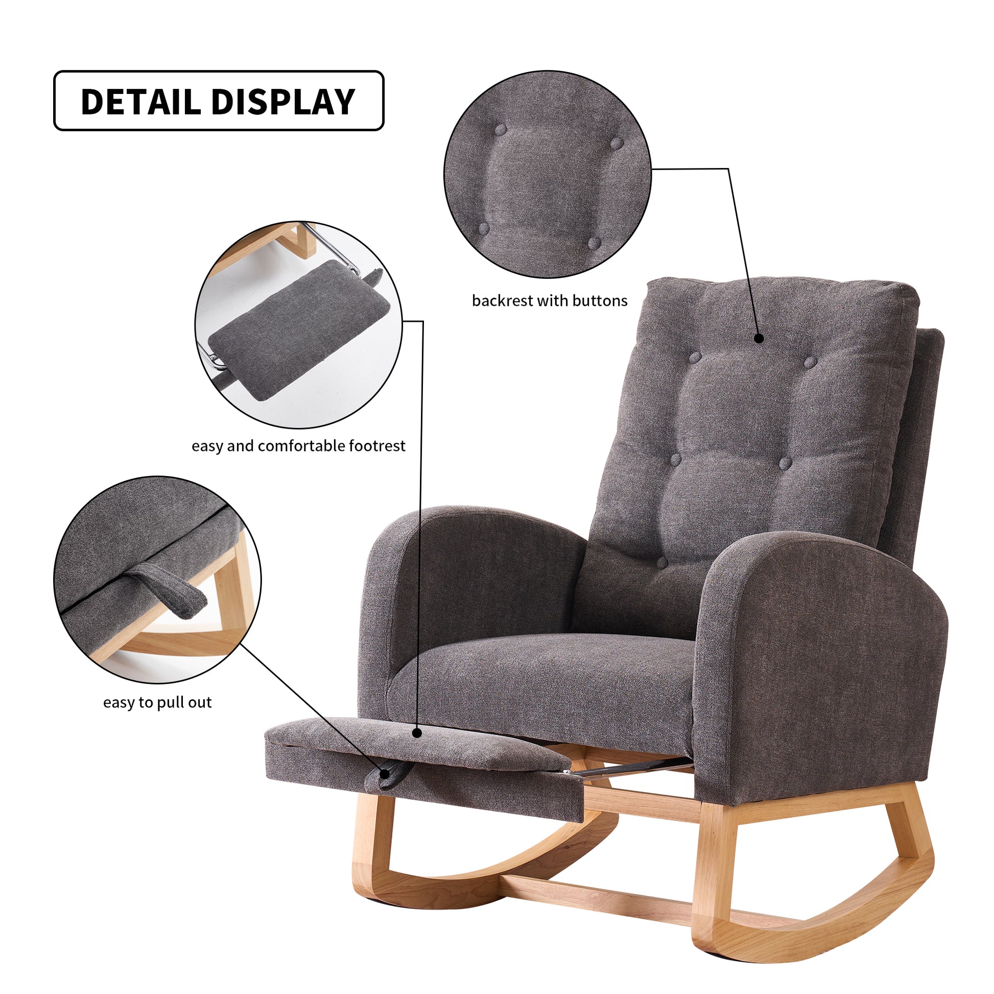 Accent Rocking Chair With Footrest High Back Rubber Wood Rocking Legs Bedroom Living Space 26.77D X 38.36W X 39.76H Inch Gray Primary Living Space Casual Accent Chairs Rubberwood Foam Foam Spring