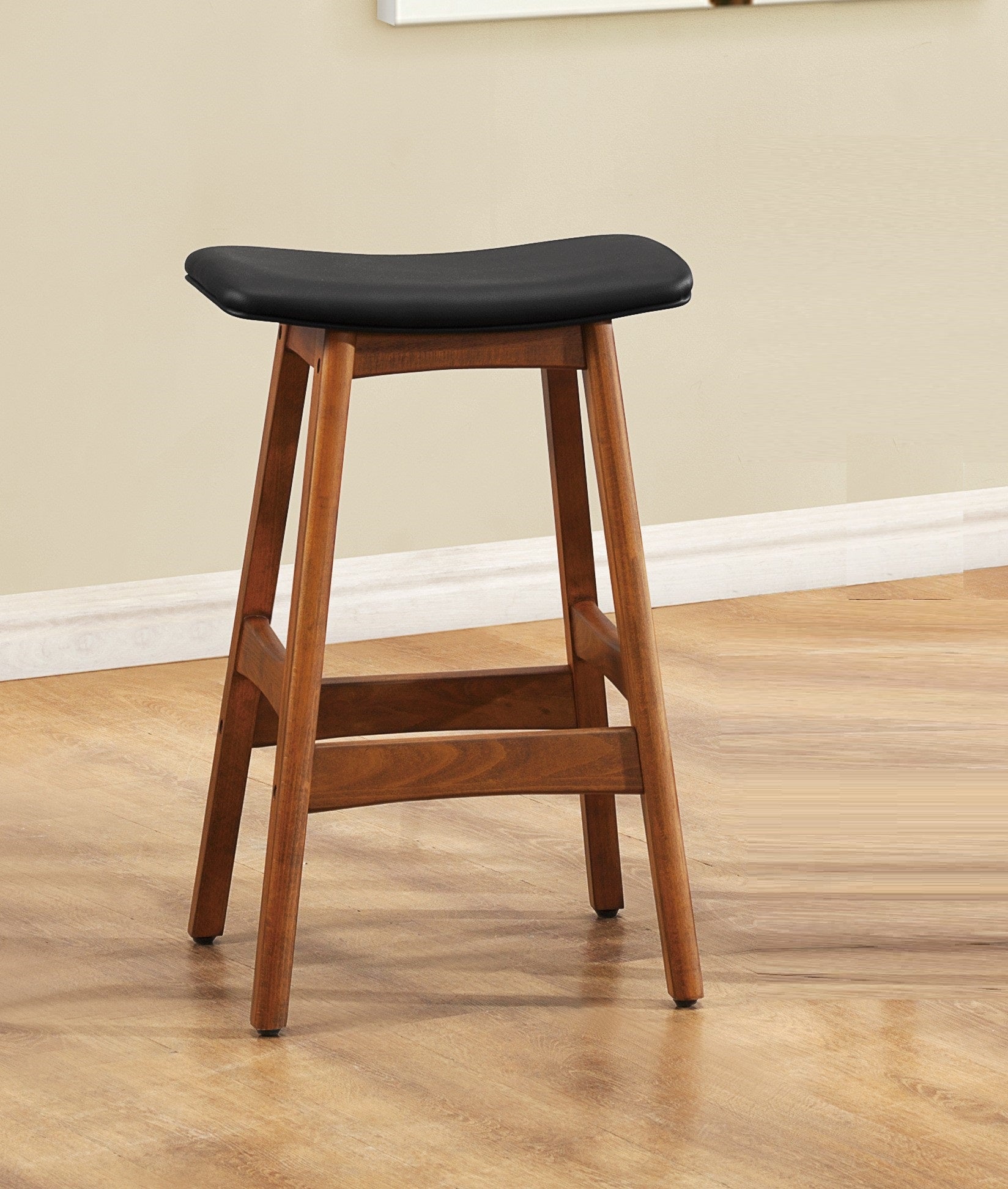 Solid Wood Walnut Finish Counter Height Stools Set Of 2 Matt Black Faux Leather Seat Mid Century Modern Barstools Kitchen Dining Furniture Black Kitchen Mid Century Modern Solid Wood