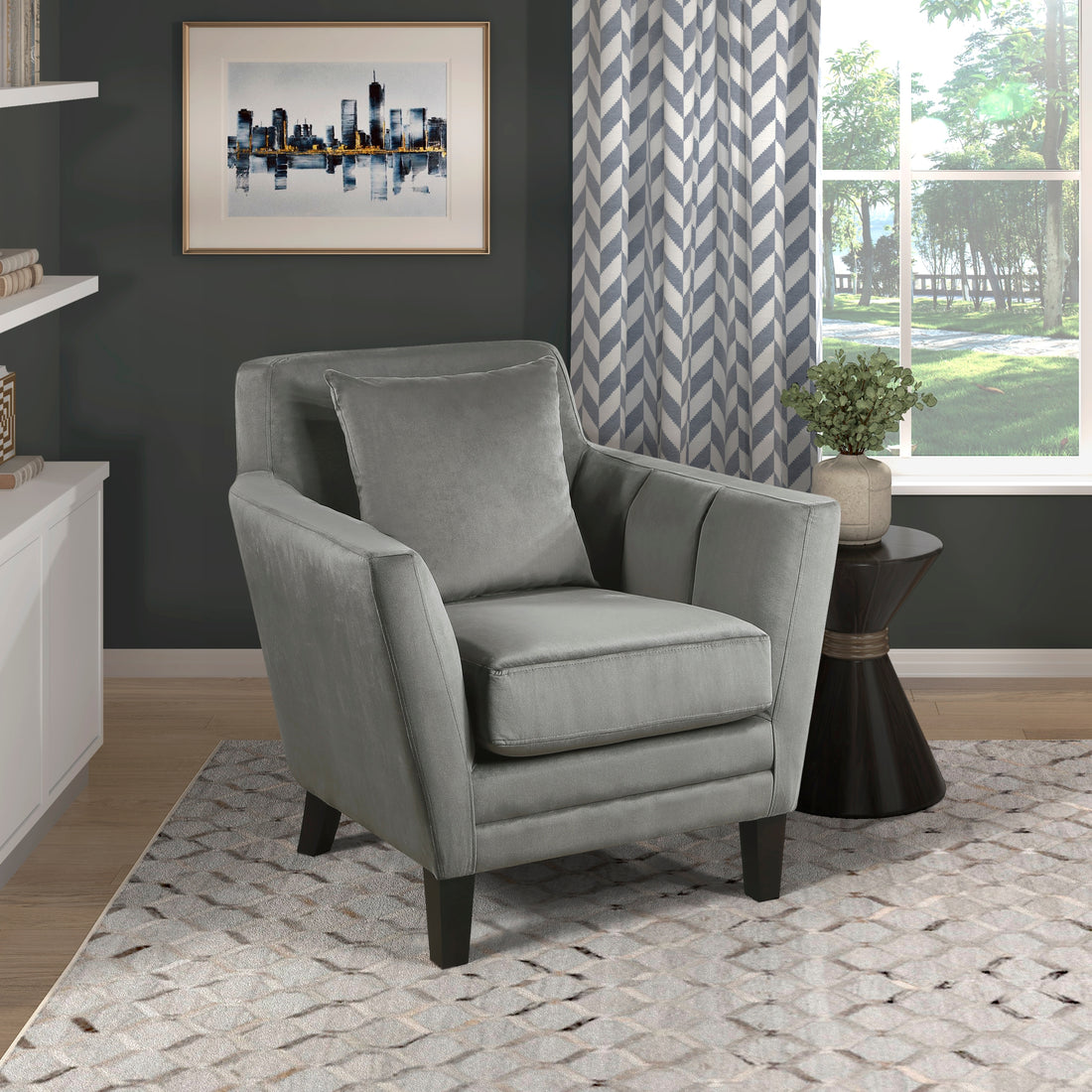 Stylish Home Accent Chair Gray Velvet Upholstery Matching Pillow Solid Wood Furniture Living Room 1Pc Gray Primary Living Space Modern Solid Wood