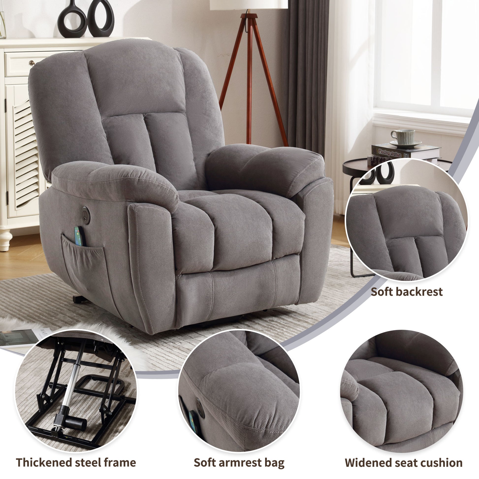 Power Lift Recliner Chair Recliners For Elderly With Heat And Massage Recliner Chair For Living Room With Infinite Position And Side Pocket,Usb Charge Port Grey Grey Soft Heavy Duty Cotton Wood