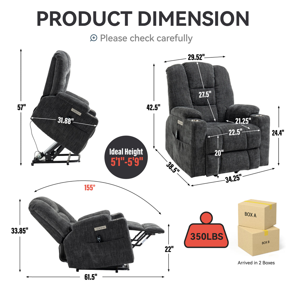 Emon'S Large Power Lift Recliner Chair With Massage And Heat For Elderly, Overstuffed Wide Recliners, Heavy Duty Motion Mechanism With Usb And Type C Ports, 2 Steel Cup Holders, Gray White Metal