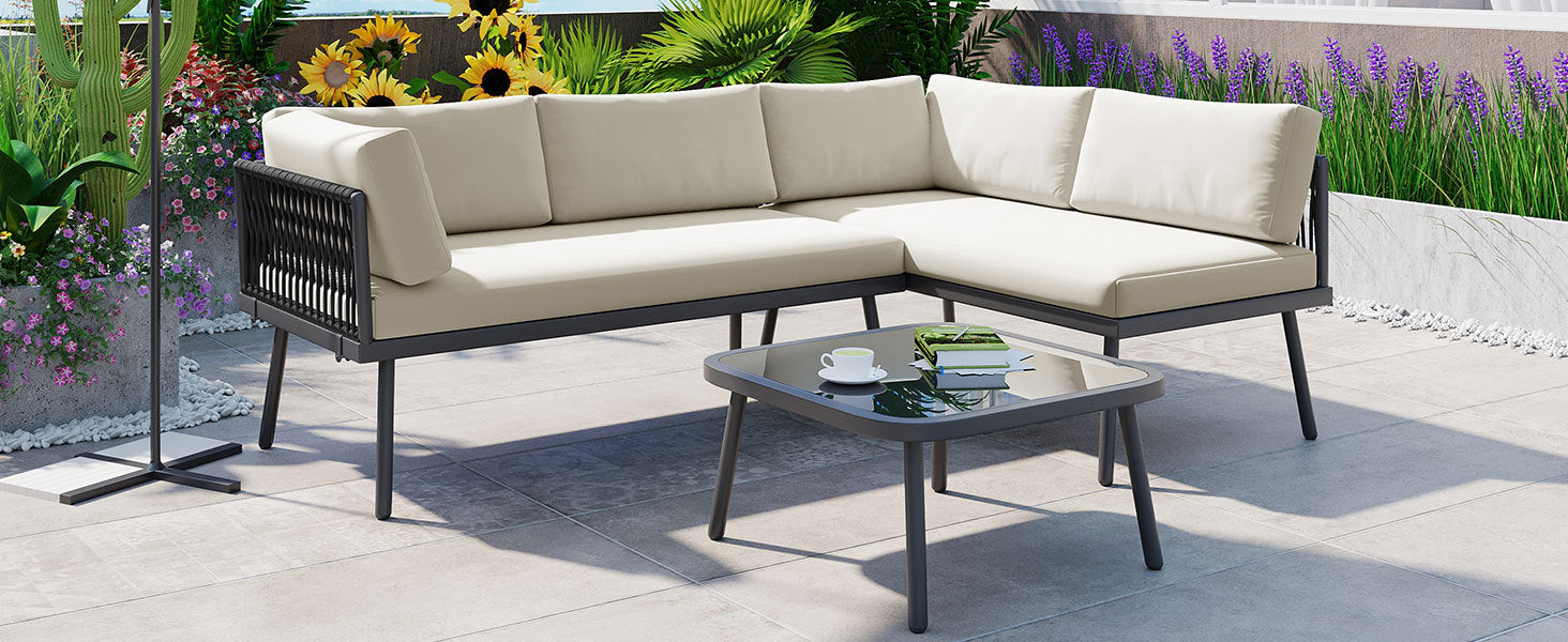 Modern Outdoor 3 Piece Pe Rattan Sofa Set All Weather Patio Metal Sectional Furniture Set With Cushions And Glass Table For Backyard, Poolside, Garden,Black,L Shaped Yes Sectional Black Seats 4 Weather Resistant Frame Water Resistant Cushion Garden &
