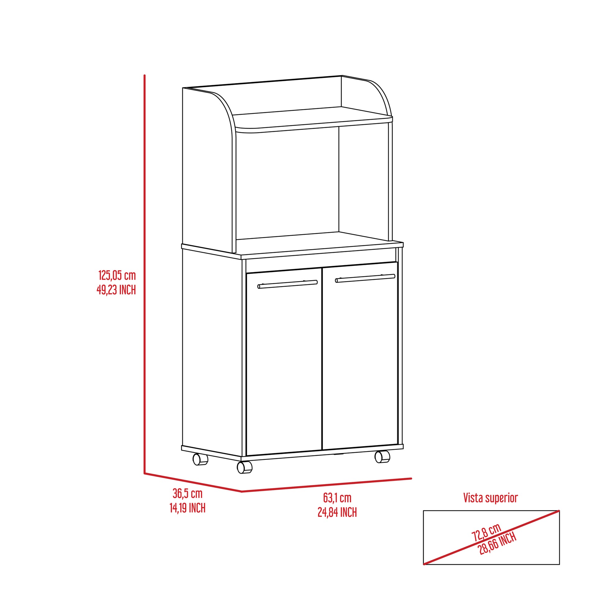 Rockford Kitchen Cart, Open Shelf, Double Door Cabinet, Two Interior Shelves White White Kitchen American Design,Industrial Rectangular Kitchen Carts Pine Pine Engineered Wood