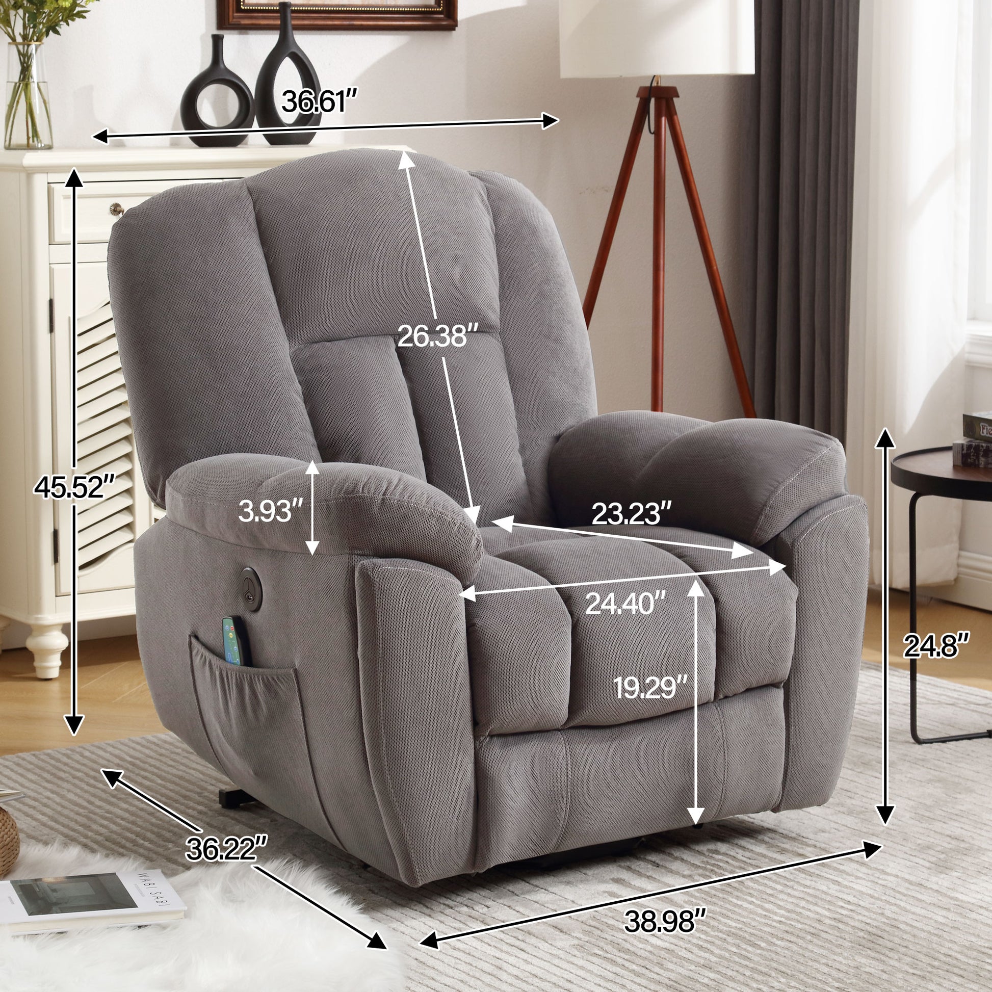 Power Lift Recliner Chair Recliners For Elderly With Heat And Massage Recliner Chair For Living Room With Infinite Position And Side Pocket,Usb Charge Port Grey Grey Soft Heavy Duty Cotton Wood