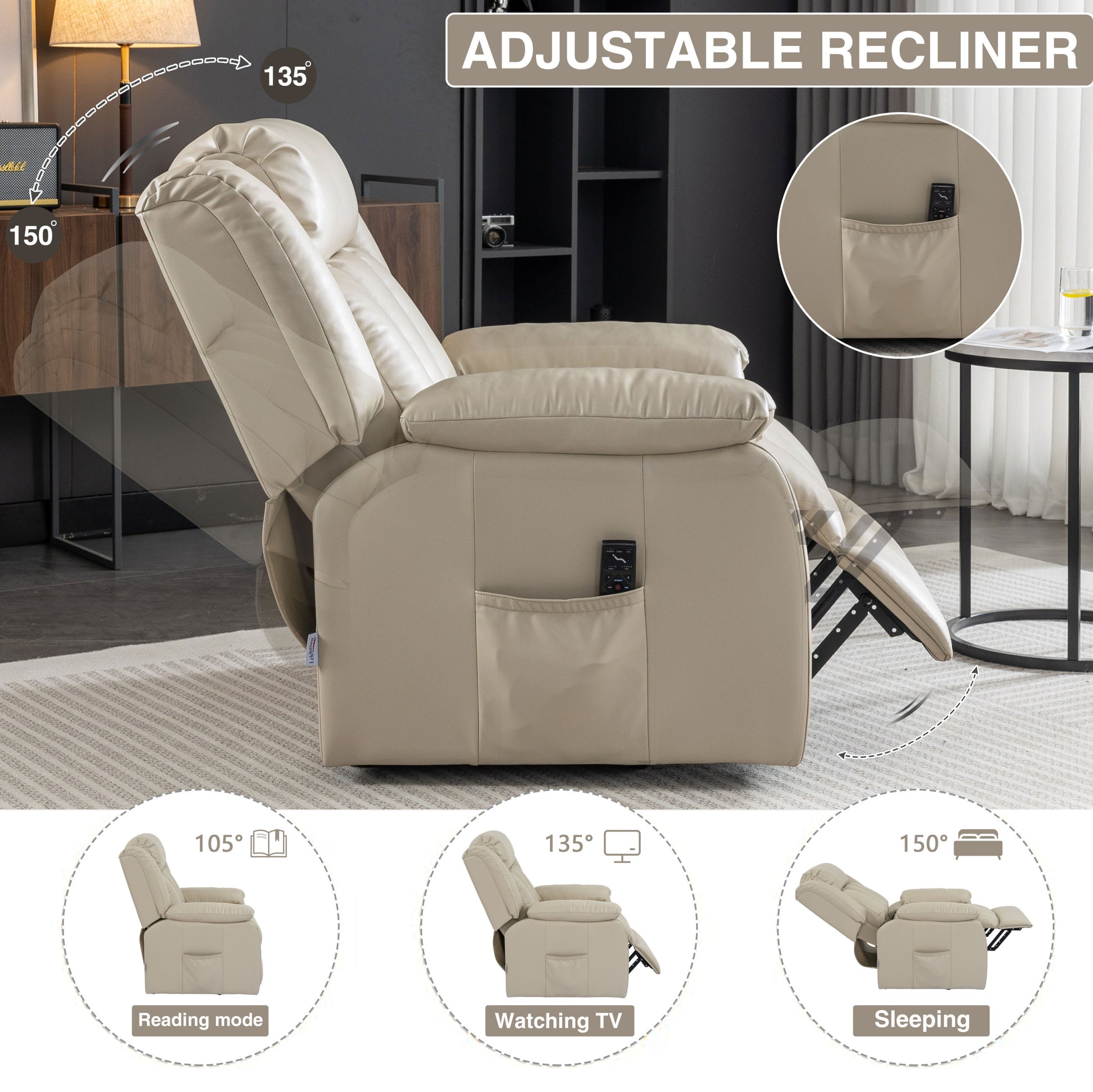 Lift Recliner Chair, Electric Power Recliner Chair For Elderly With Eight Points Massage And Heating, Beige Beige Faux Leather Power Remote Wood Primary Living Space Soft American Traditional Metal & Wood