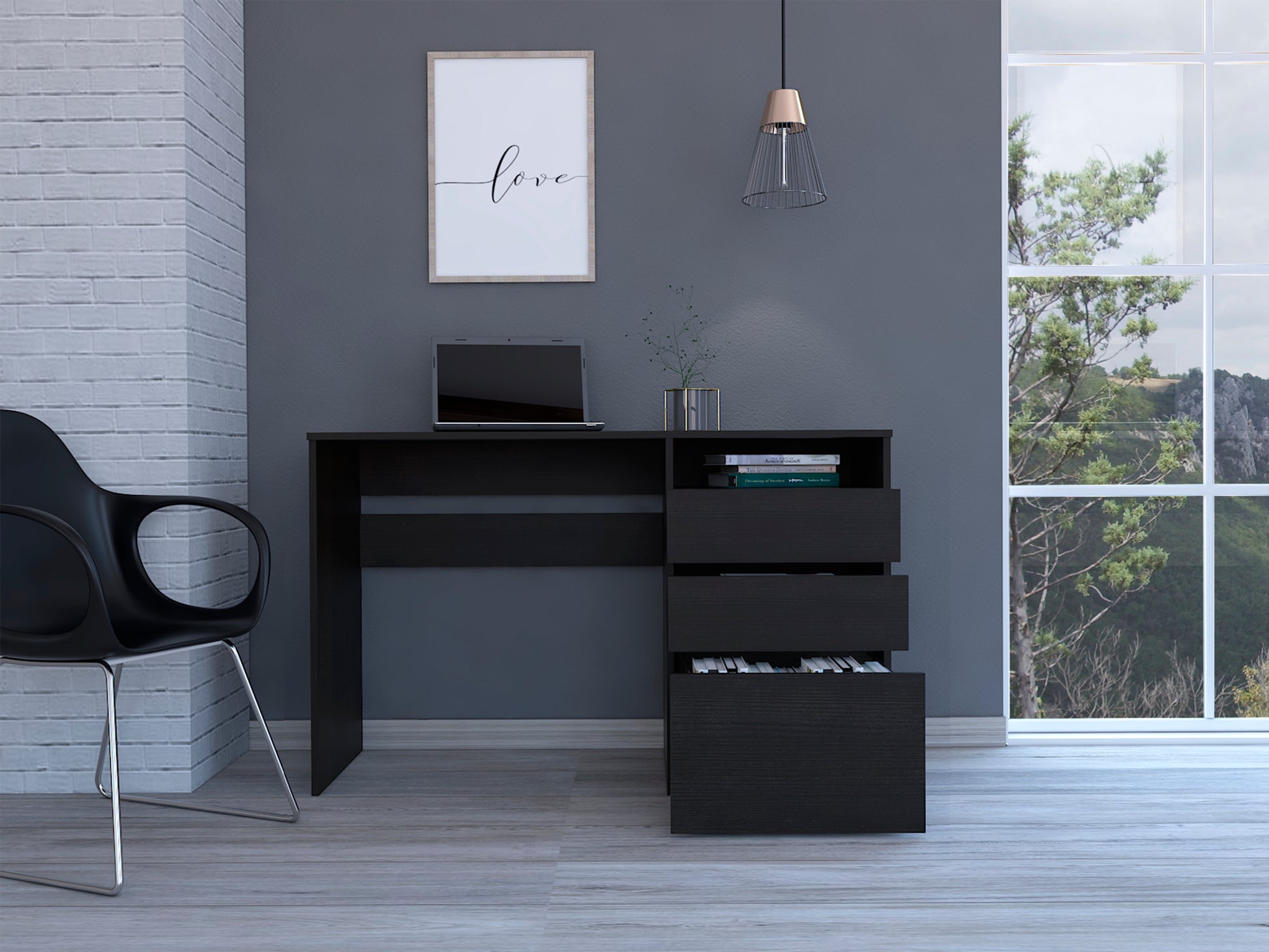 Louisiana Writing Computer Desk, Three Drawers Black Office Drawers Pine Engineered Wood