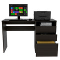 Louisiana Writing Computer Desk, Three Drawers Black Office Drawers Pine Engineered Wood