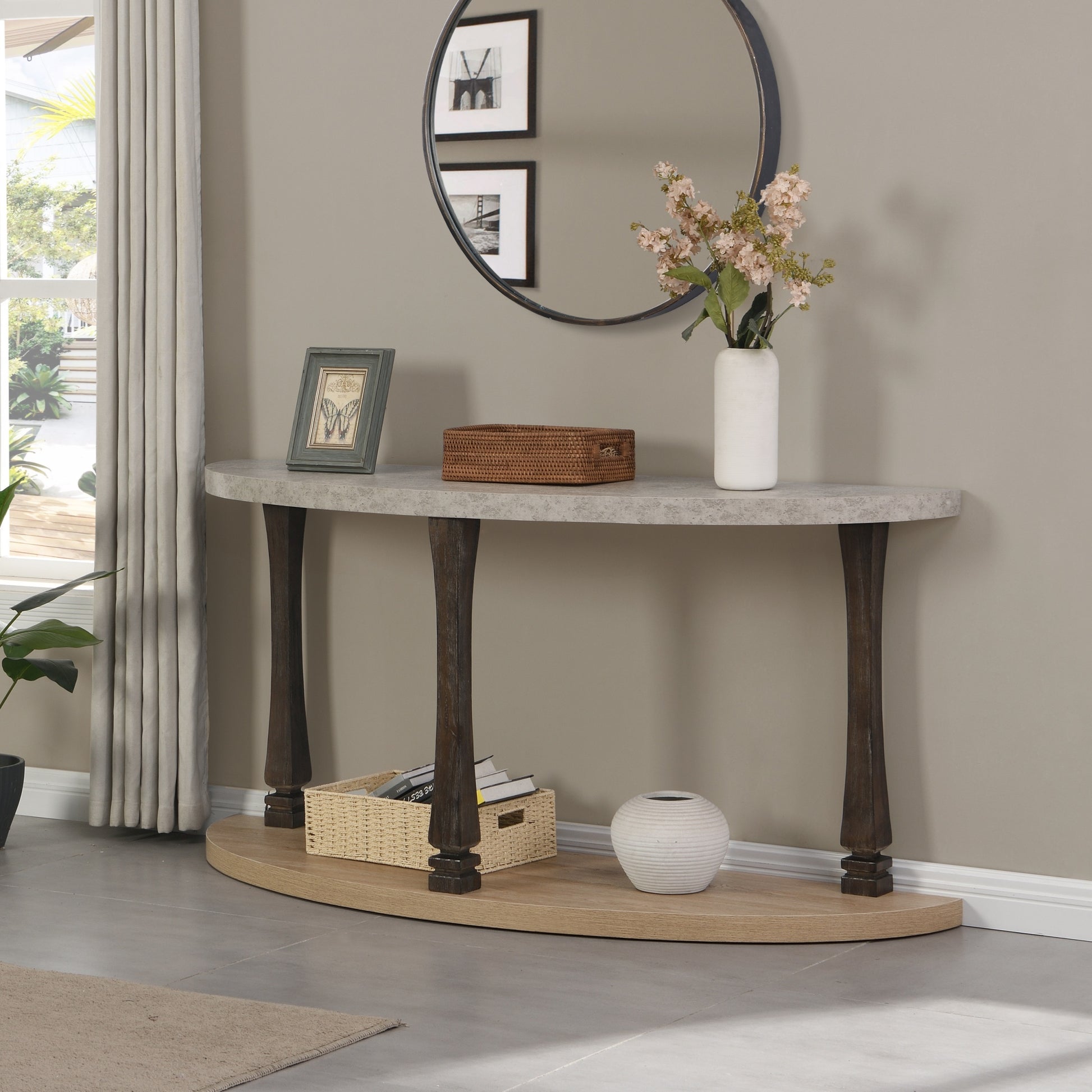 60 Inch Long Semi Circle Demilune Sofa Table For Small Hallway Entryway Space, Wooden Half Moon Sturdy Console Tables, Grey&Natural Colour Light Grey Natural Primary Living Space Antique,Mid Century Modern,Modern Semicircular Console Tables Solid Wood