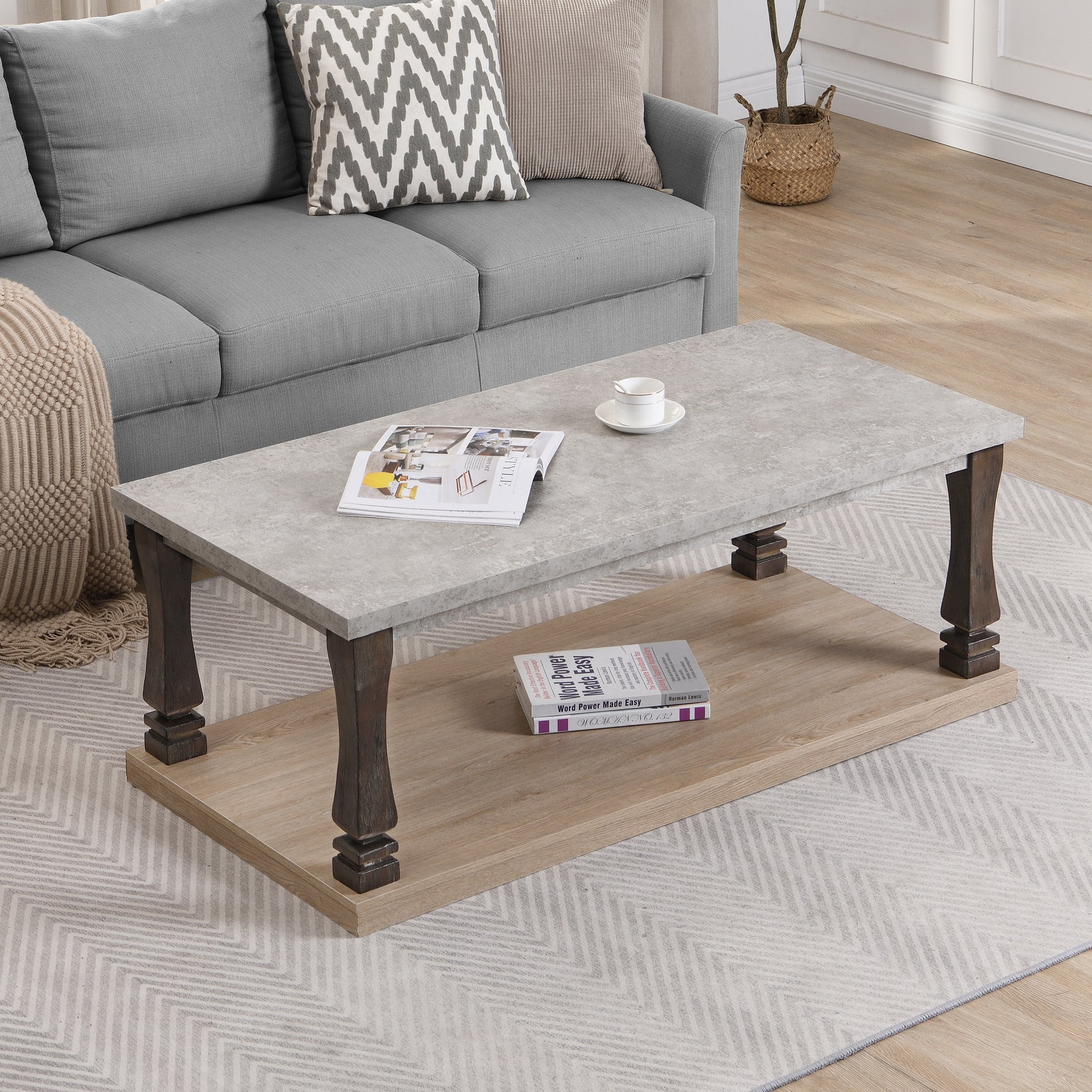 Rectangle Mid Century Coffee Table For Living Room, Wood Coffee Table With 2 Tier Storage Shelf, Square Center Table Wooden Accent Cocktail End Table For Home, Grey Tabletop Light Grey Natural Primary Living Space American Traditional,Antique Rectangular