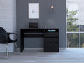 Louisiana Writing Computer Desk, Three Drawers Black Office Drawers Pine Engineered Wood