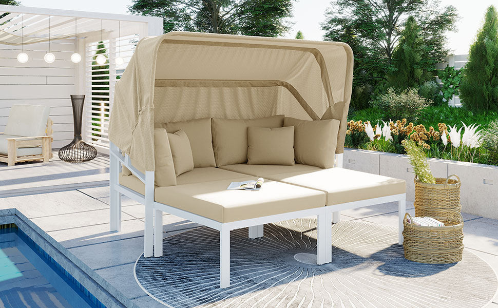 3 Piece Patio Daybed With Retractable Canopy Outdoor Metal Sectional Sofa Set Sun Lounger With Cushions For Backyard, Porch, Poolside, Beige Yes Lounge Beige Weather Resistant Frame Water Resistant Cushion Garden & Outdoor Complete Patio Sets Foam Metal