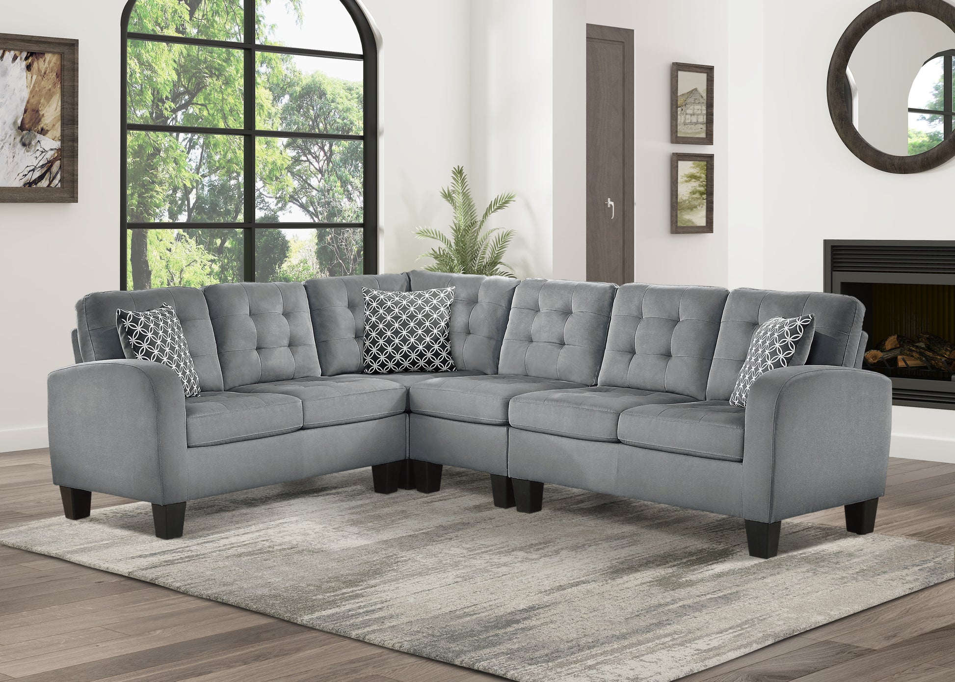 Gray Reversible 4 Piece Sectional Sofa Tufted Detail Textured Fabric Upholstered Solid Wood Contemporary Living Room Furniture L Shape Sofa Couch Gray Polyester Wood Primary Living Space Pillow Back Contemporary L Shaped Solid Wood