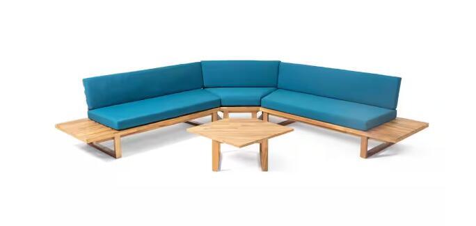 Mirabelle 5 Seater Sectional Sofa Set With Cushions, Dark Teal Teal Acacia Wood