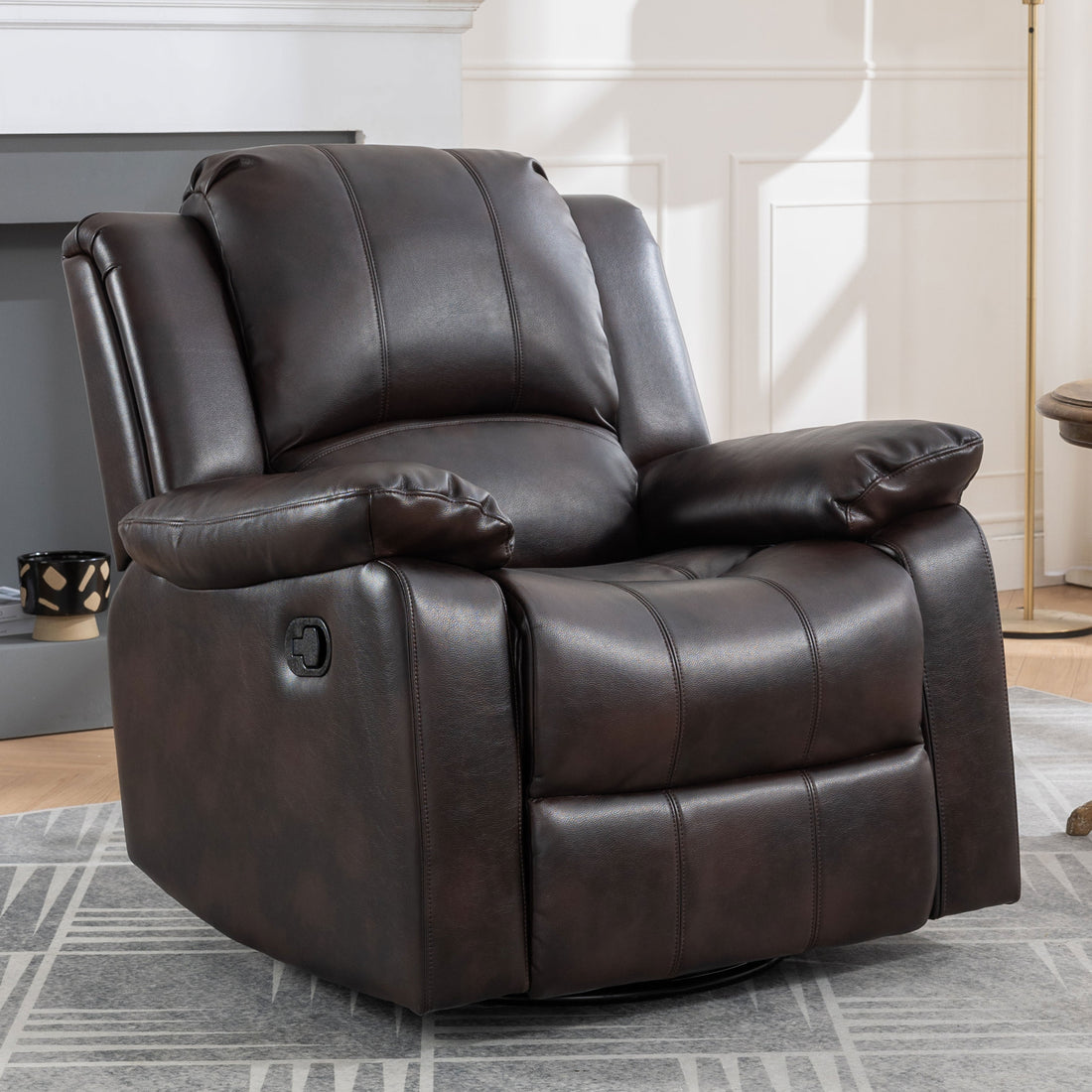 Swivel And Glider Recliner Chair, Brown Brown Faux Leather Manual Push Button Wood Primary Living Space Soft American Traditional Push Button Metal & Wood