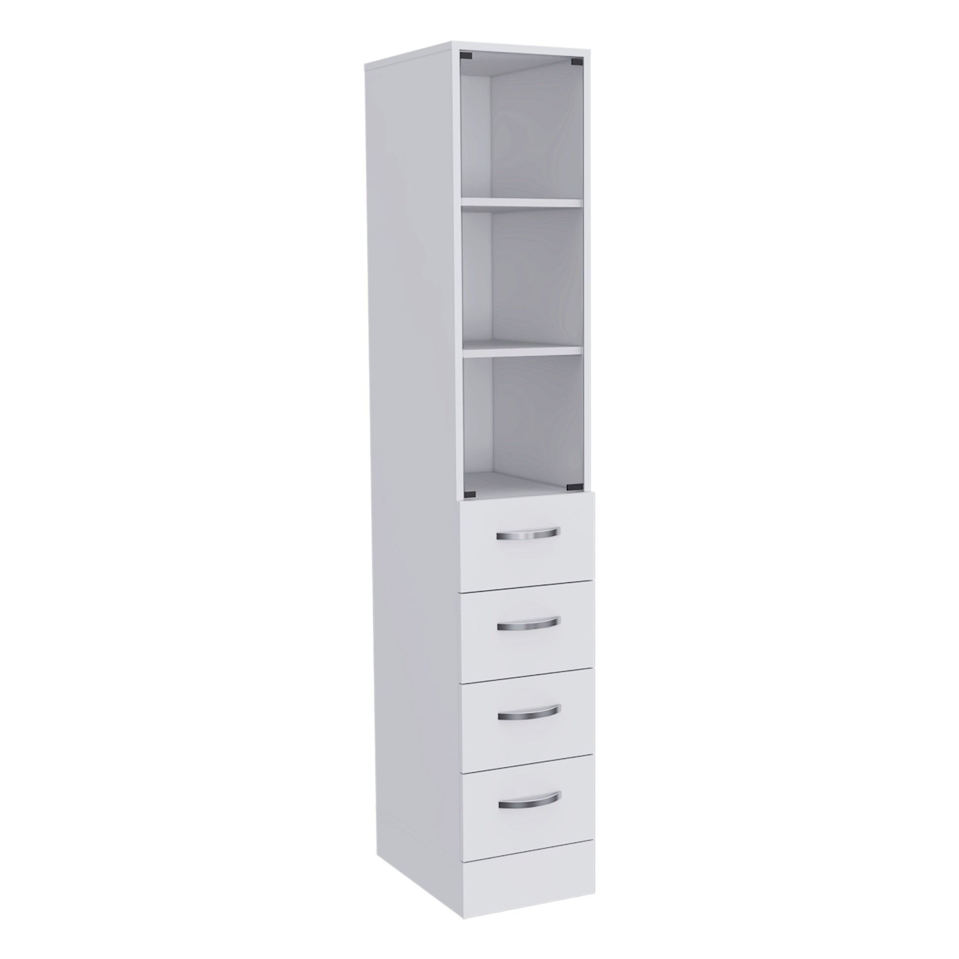 Preston Linen Cabinet, Three Shelves, Four Drawers 4 White 1 3 Up To 17 In 60 In & Above Conceled Hinges Bathroom Freestanding Modern 15 20 Inches Pine Engineered Wood