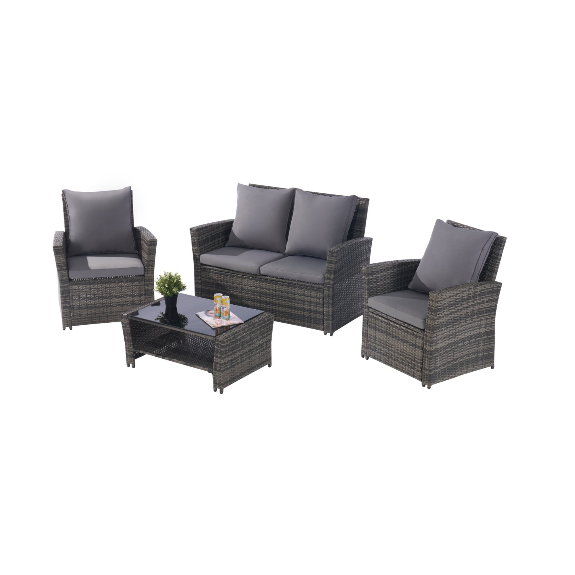 4 Pieces Outdoor Patio Furniture Sets Garden Rattan Chair Wicker Set, Poolside Lawn Chairs With Tempered Glass Coffee Table Porch Furniture Yes Complete Patio Set Dark Gray Seats 4 Water Resistant Frame Water Resistant Cushion Garden & Outdoor American