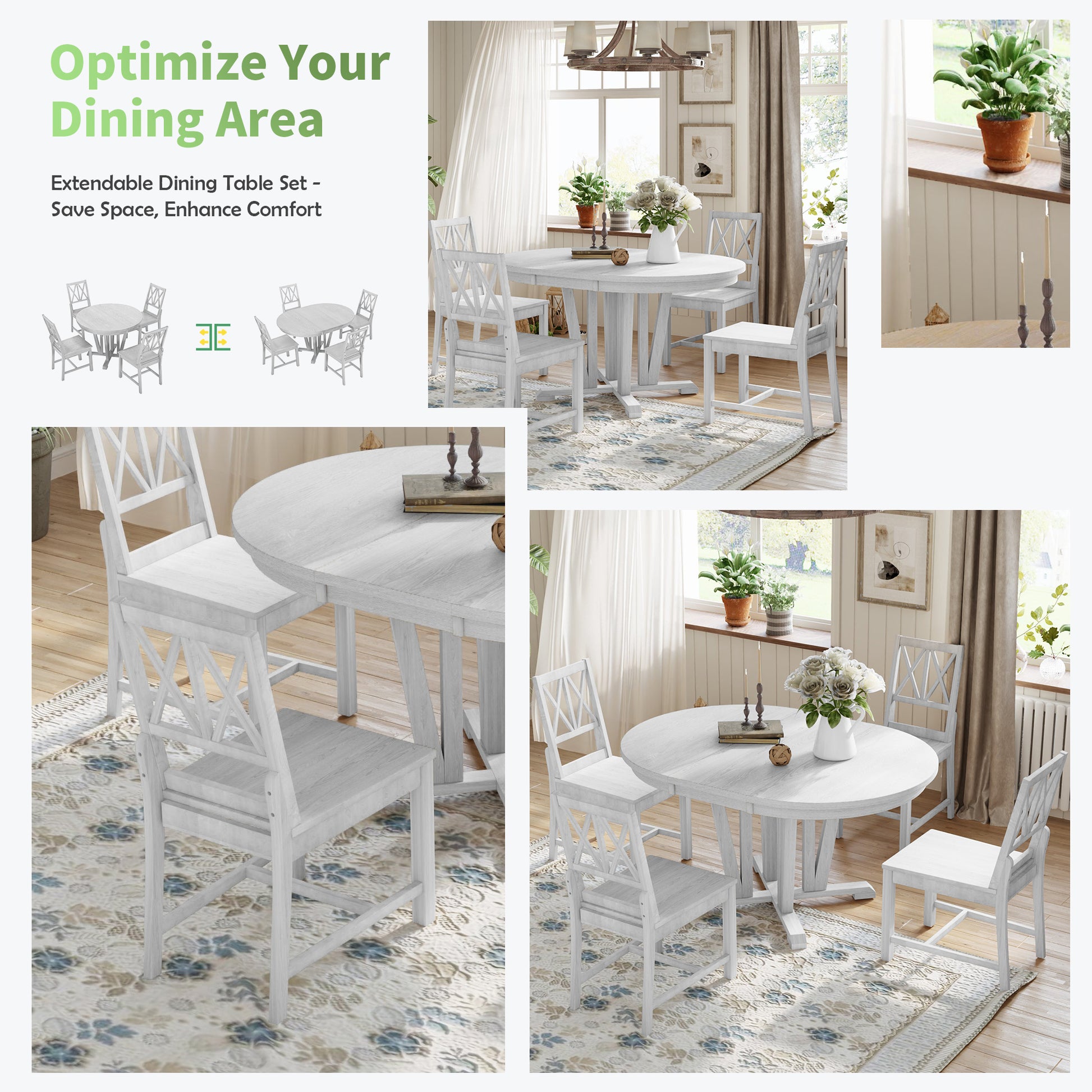 Rustic 5 Piece Extendable Dining Table Set Round Trestle Table And 4 Cross Back Dining Chairs For Kitchen, Dining Room, Gray Gray Wood Dining Room Solid Wood Rubberwood Round Dining Table With Chair Wood Wood Gray Solid Back Seats 4 Removable Leaf