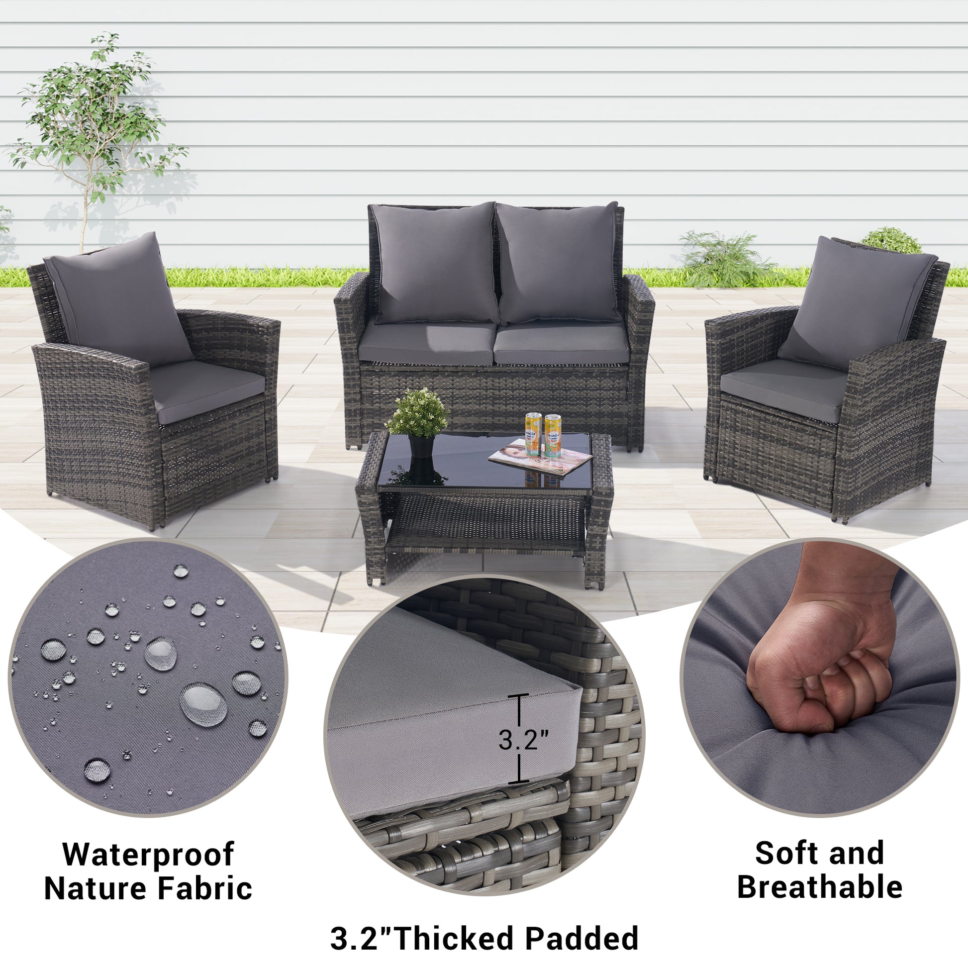 4 Pieces Outdoor Patio Furniture Sets Garden Rattan Chair Wicker Set, Poolside Lawn Chairs With Tempered Glass Coffee Table Porch Furniture Yes Complete Patio Set Dark Gray Seats 4 Water Resistant Frame Water Resistant Cushion Garden & Outdoor American