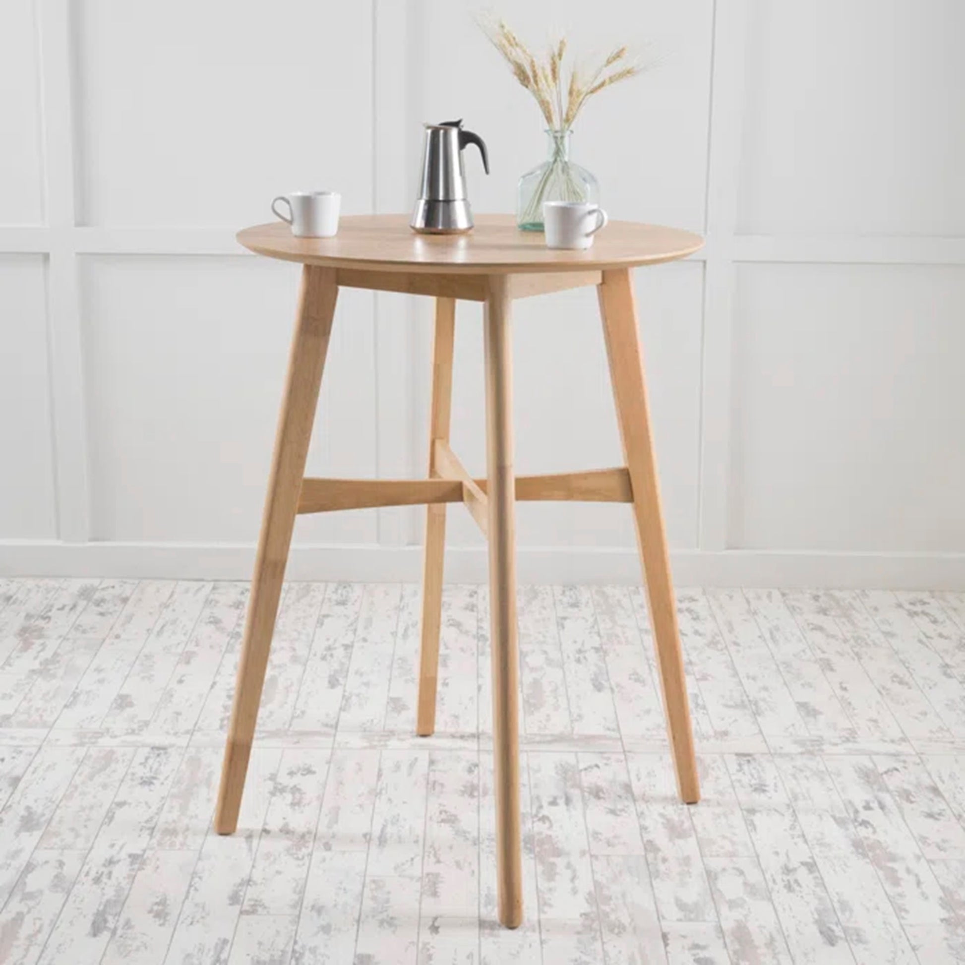 Mid Century Modern Circular Wood Bar Table With Tapered Legs, 31.50"L X 31.50"W X 42.00"H, Natural Oak Oak Solid Wood Mdf