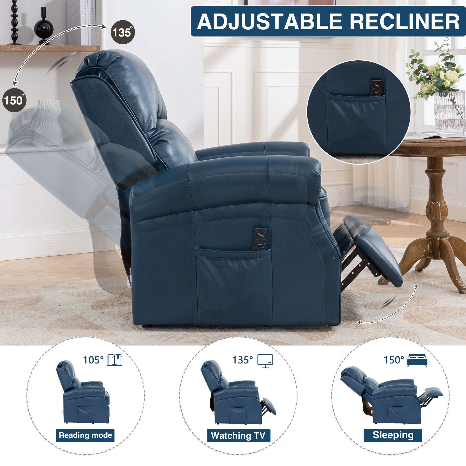 Lift Recliner Chair, Electric Power Lift Recliner Chair For Elderly With Eight Points Massage And Heating, Navy Blue Navy Blue Faux Leather Power Remote Wood Primary Living Space Soft American Traditional Metal & Wood