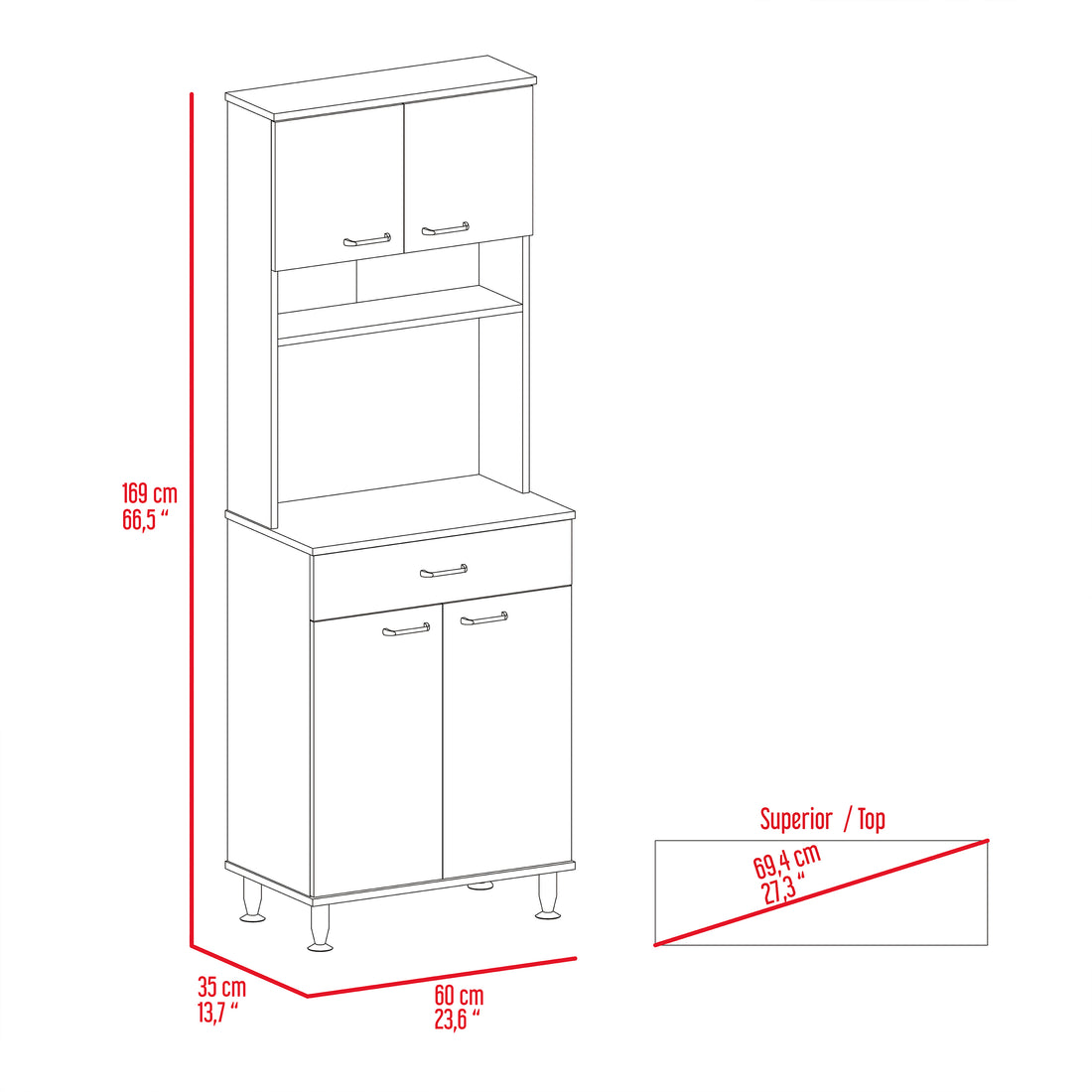 Pantry Cabinet 67" H, Four Doors, One Drawer, Three Internal Shelves, 2 External Storage Shelves, Microwave Storage Option, Four Legs, Light Gray Gray Particle Board Particle Board