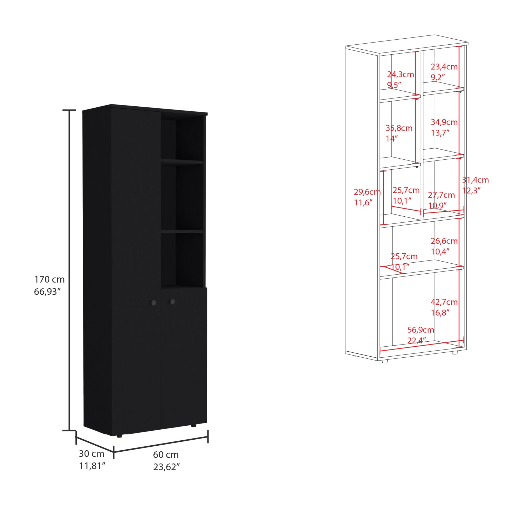 Konik 67 Inch High Storage Cabinet Kitchen Pantry With Three Doors And Three Exterior Shelves Black Kitchen Modern Mdf Shelves Included Engineered Wood