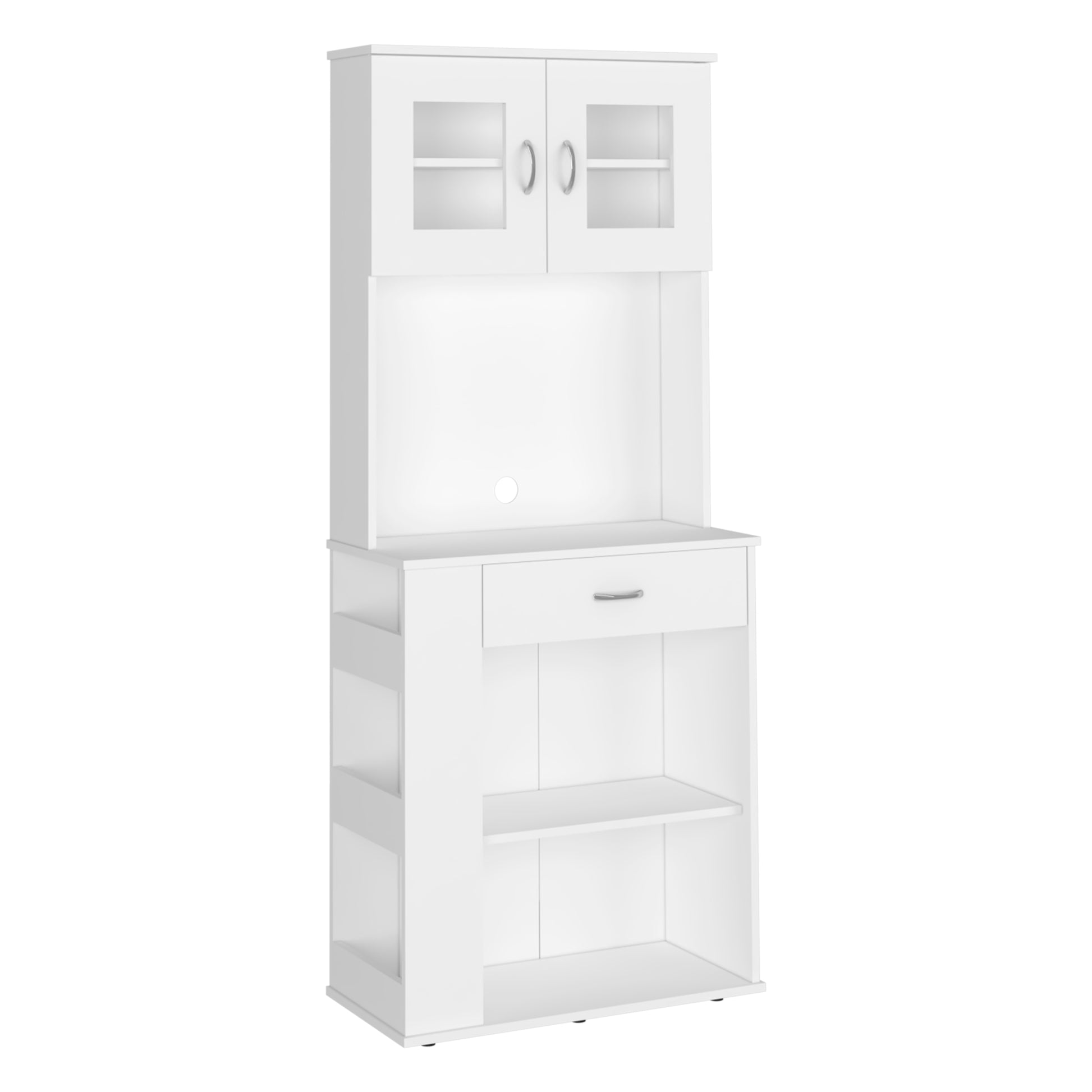 Pantry Cabinet 67" H, Two Doors, One Drawer, Two Open Storage Shelves, Two Internal Shelves, Three Open Side Storage Shelves, White White Particle Board Particle Board