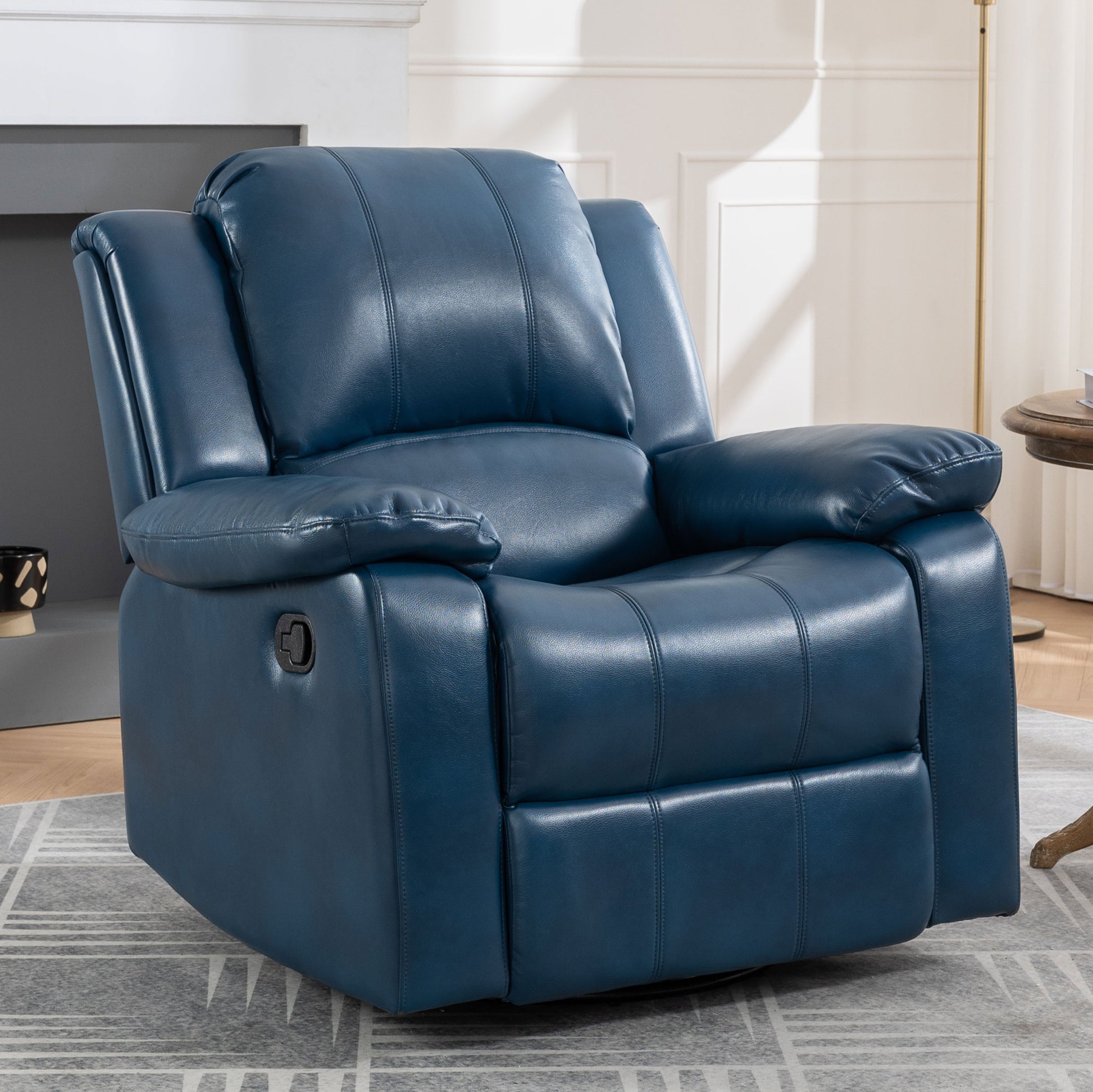 Swivel And Glider Recliner Chair, Navy Blue Blue Faux Leather Manual Push Button Wood Primary Living Space Soft American Traditional Metal & Wood