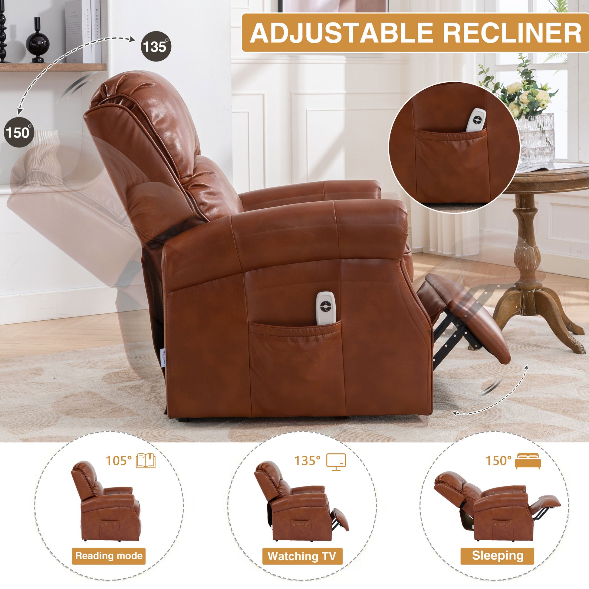 Lift Recliner Chair, Electric Power Lift Recliner Chair For Elderly, Caramel Caramel Faux Leather Power Remote Wood Primary Living Space Soft American Traditional Metal & Wood