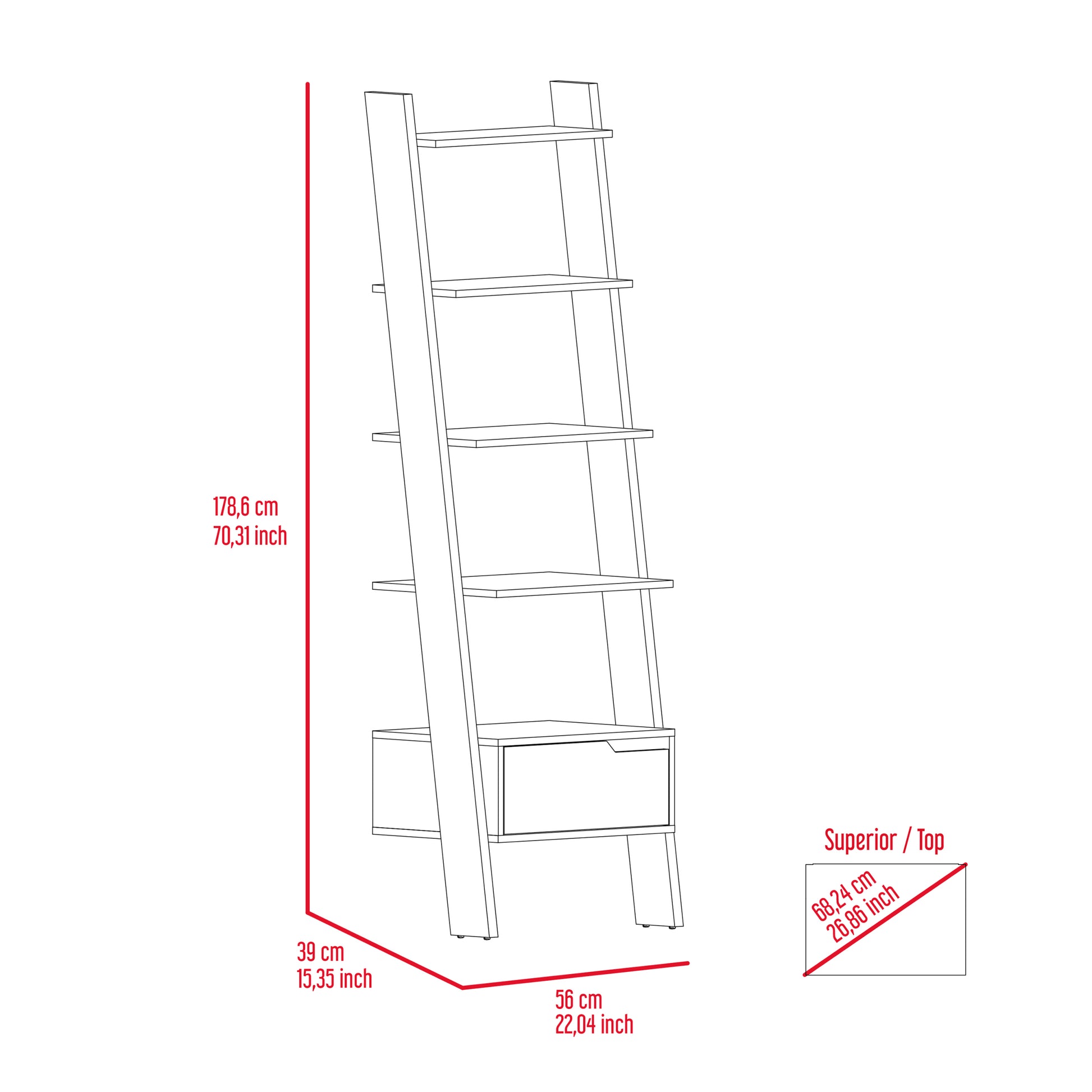 Hamburg Ladder Bookcase, Five Open Shelves, One Drawer 3 4 Shelves Brown Brown Office Open Storage Space American Design,Modern Pine Pine Engineered Wood