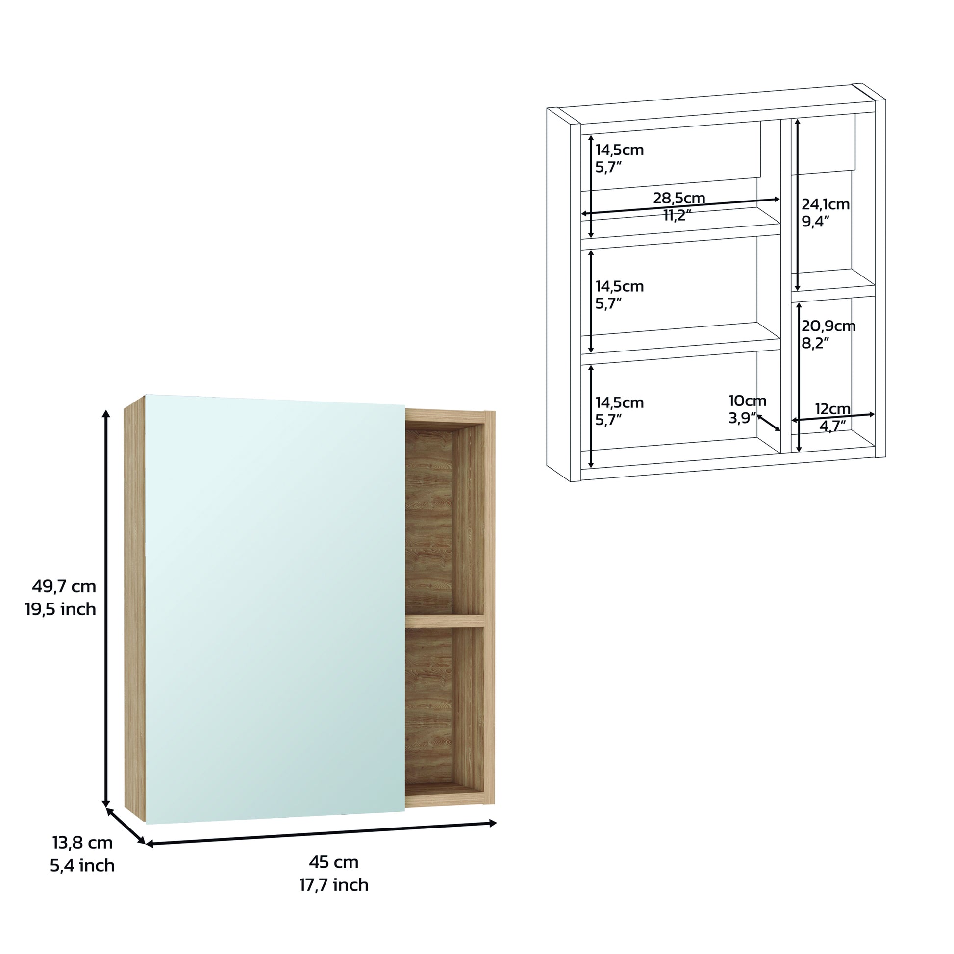 Medicine Single Door Cabinet 19" H With Mirror, Five Interior Shelves, Light Oak Beige Particle Board Particle Board