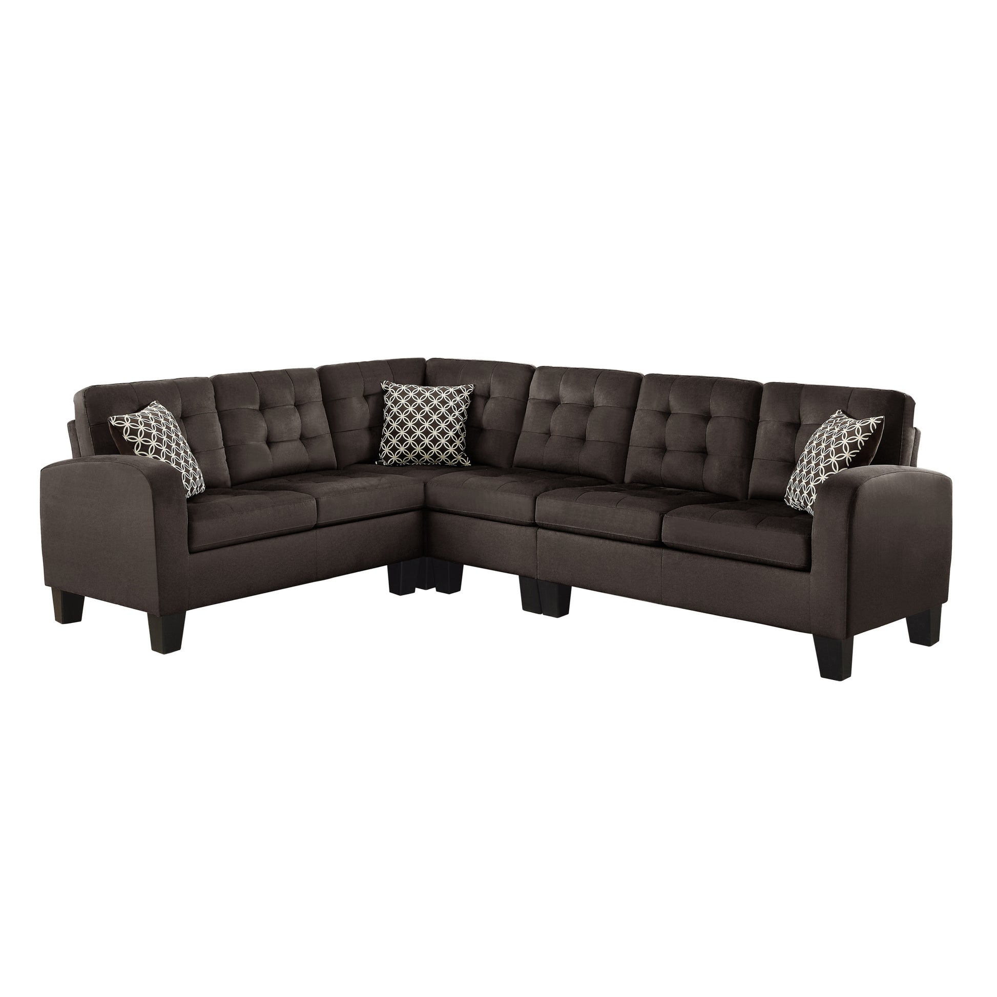 Dark Brown Reversible 4 Piece Sectional Sofa Tufted Detail Textured Fabric Upholstered Solid Wood Contemporary Living Room Furniture L Shape Sofa Couch Chocolate Polyester Wood Primary Living Space Pillow Back Contemporary L Shaped Solid Wood