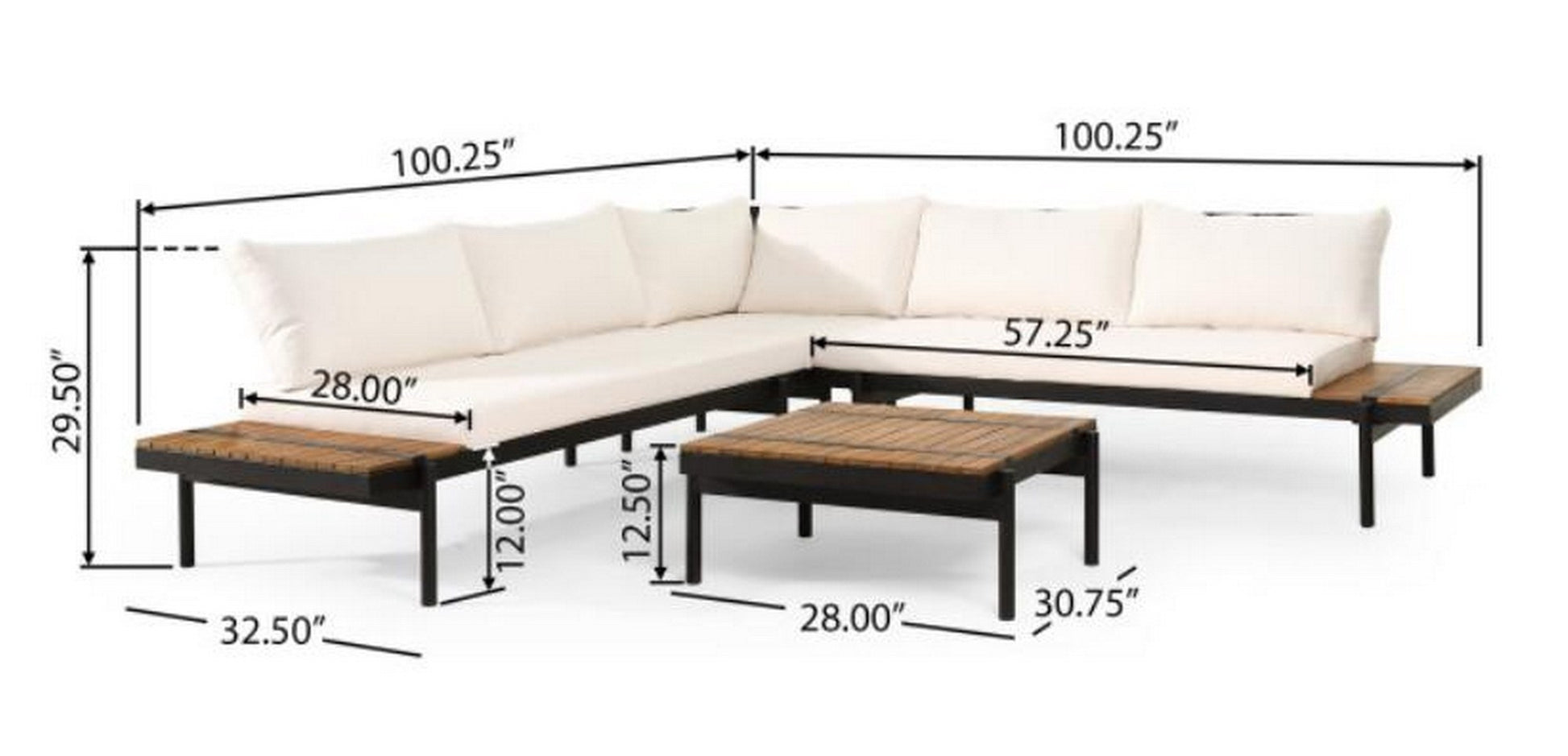 Theo 5 Seater Sectional Sofa Set With Cushions Cream Acacia Wood
