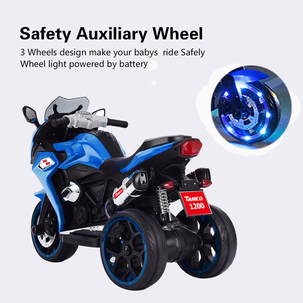 Tamco 12V Kids Electric Motorcycle Ride On Motorcycle, Three Lighting Wheels Kids Electric Motorcycle Electric Ride On Car Blue 50 99 Lbs Plastic Indoor & Outdoor Use